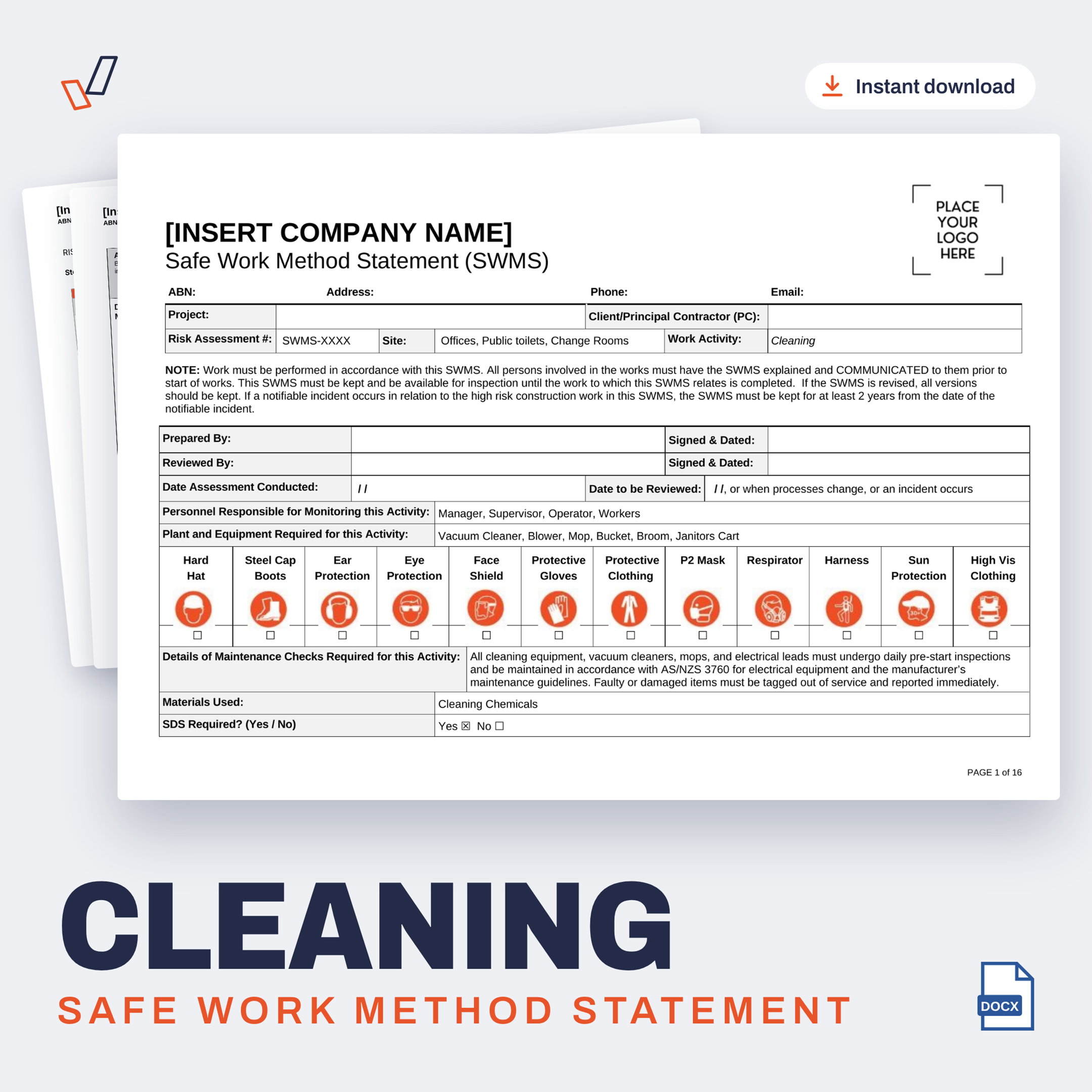 Cleaning SWMS editable Word template cover, Everything OHS