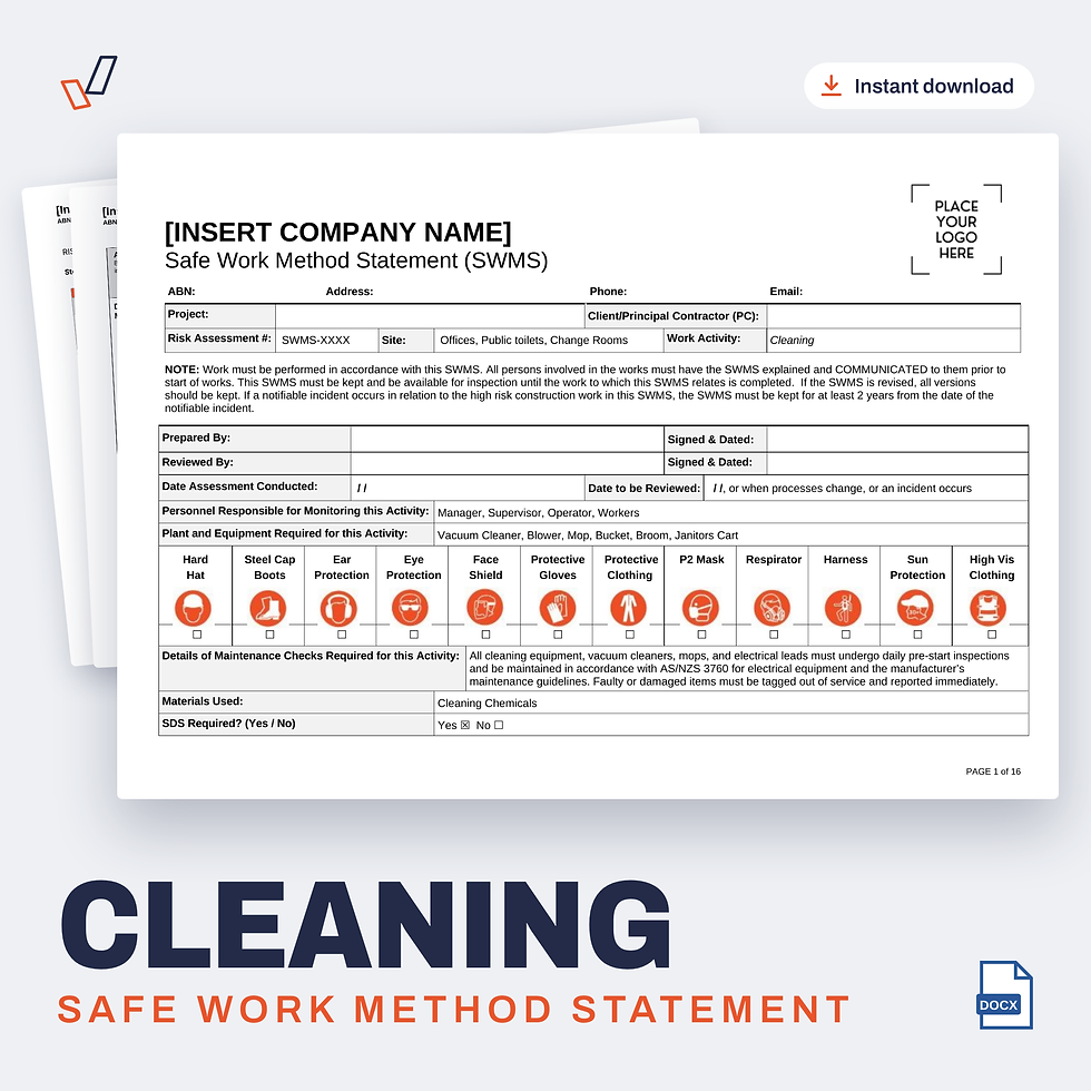 Cleaning SWMS editable Word template cover, Everything OHS