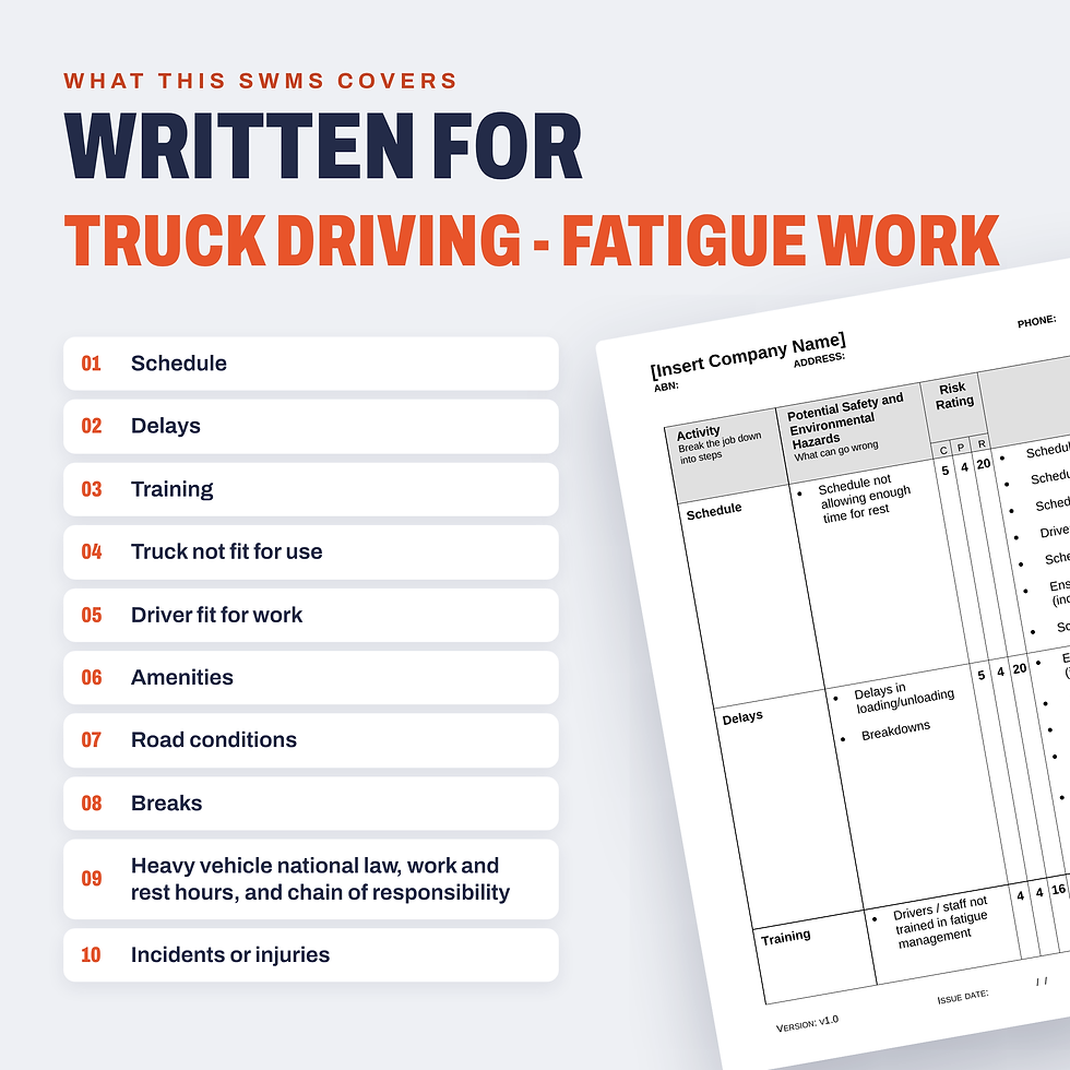 Work activities covered in the Truck Driving (Fatigue) SWMS