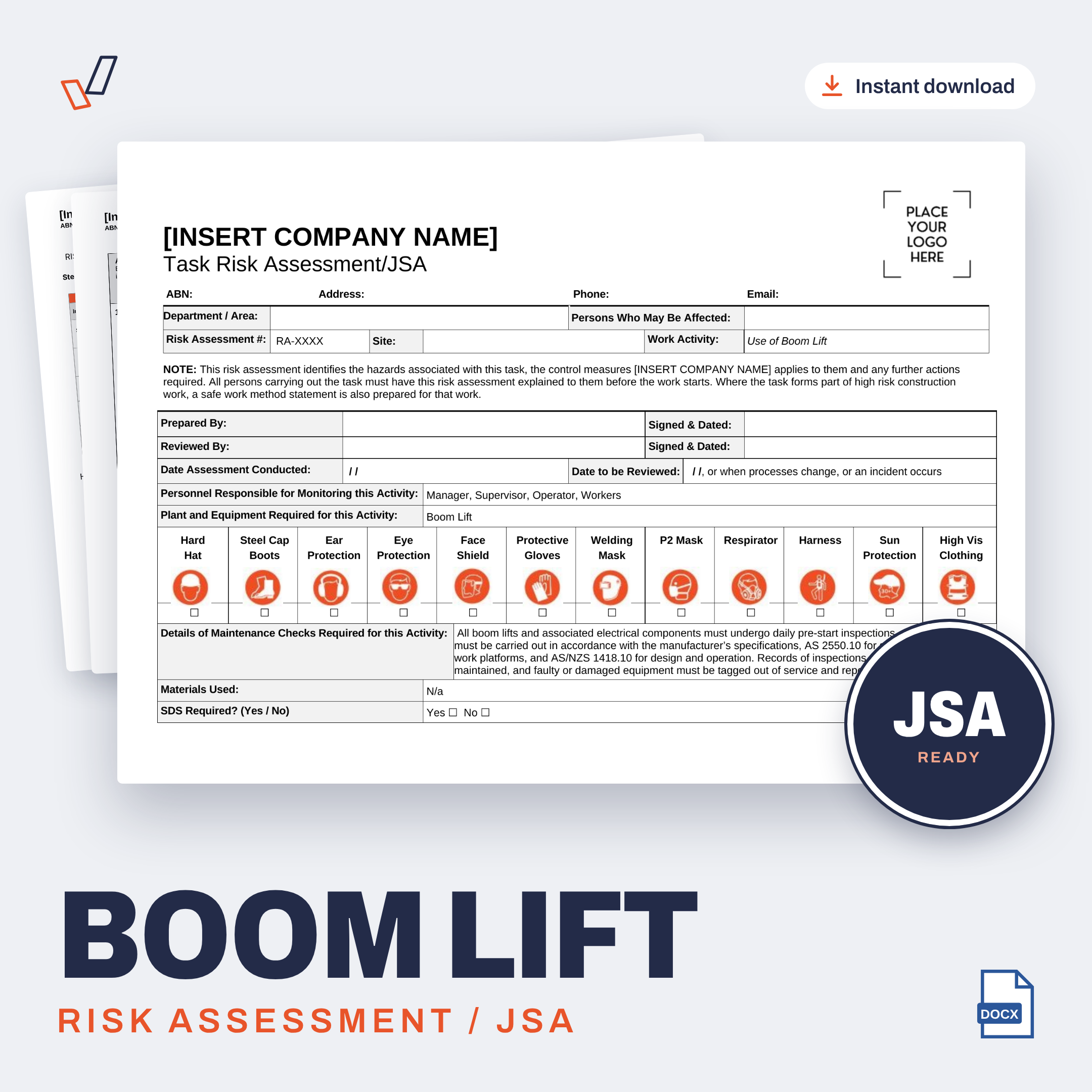 Boom Lift Risk Assessment/JSA editable Word template cover, Everything OHS