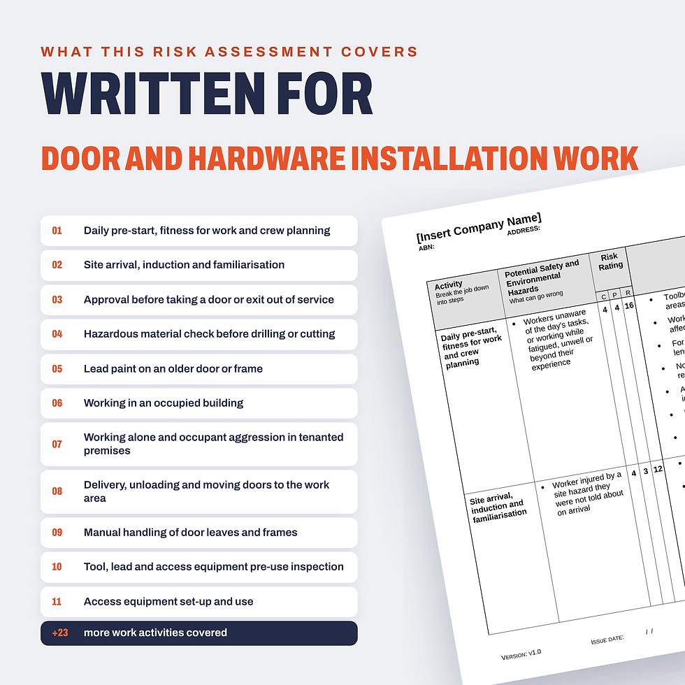 Work activities covered in the Door and Hardware Installation Risk Assessment/JSA