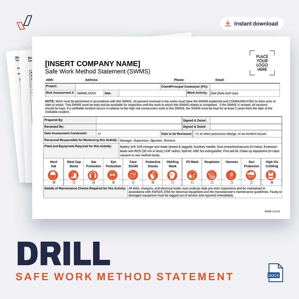 Drill SWMS editable Word template cover, Everything OHS