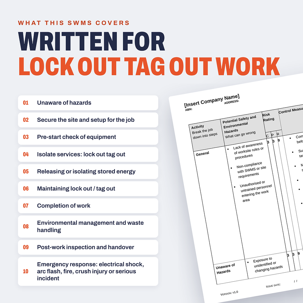 Work activities covered in the Lock Out Tag Out SWMS