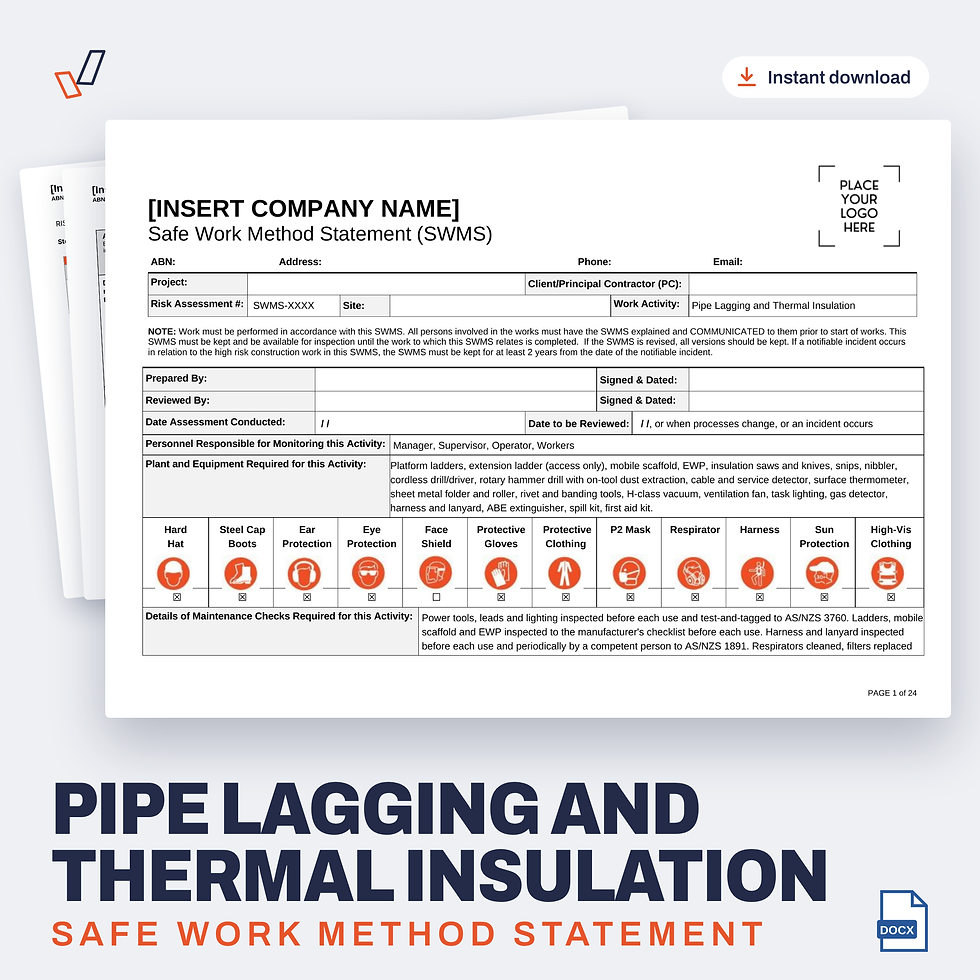 Pipe Lagging and Thermal Insulation SWMS editable Word template cover, Everything OHS