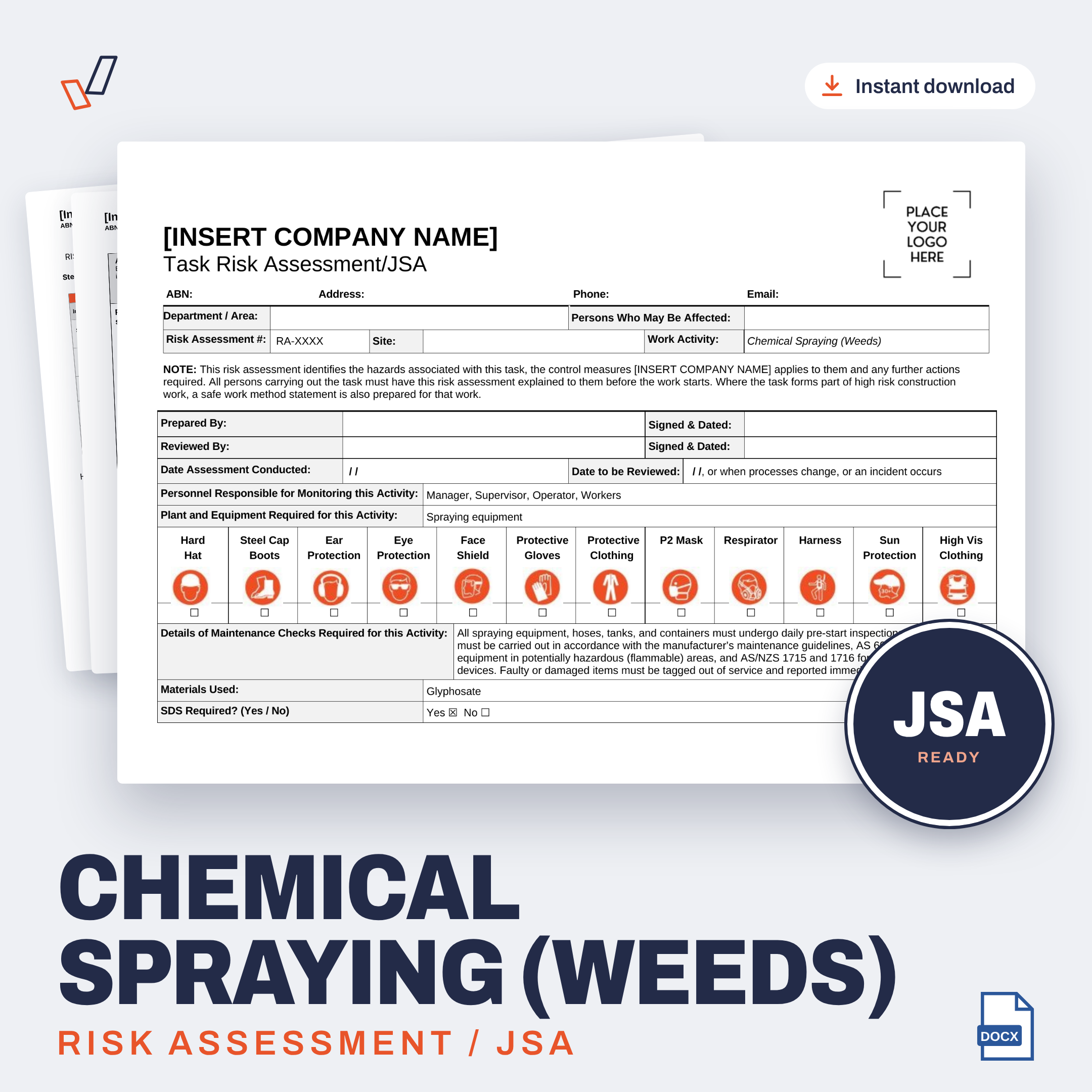 Chemical Spraying (Weeds) Risk Assessment/JSA editable Word template cover, Everything OHS