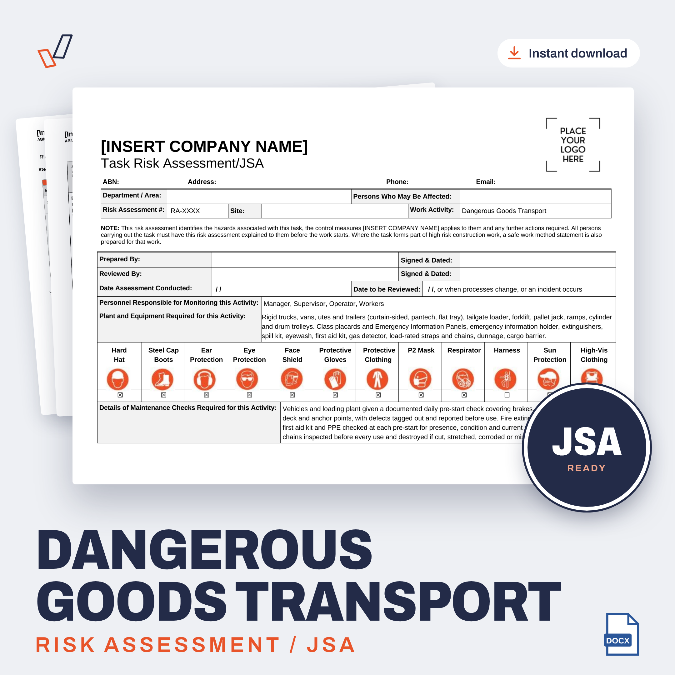 Dangerous Goods Transport Risk Assessment/JSA editable Word template cover, Everything OHS