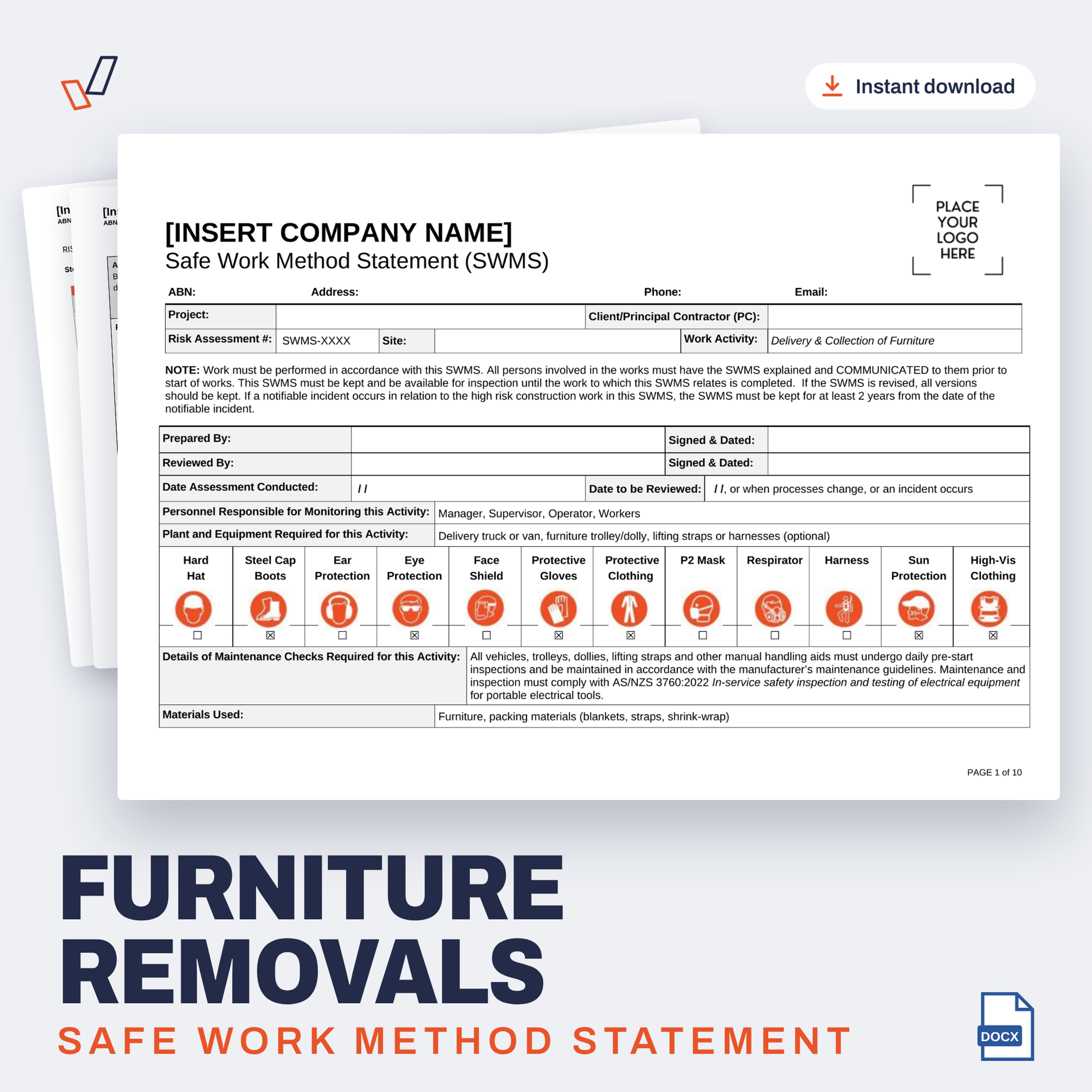 Furniture Removals SWMS editable Word template cover, Everything OHS