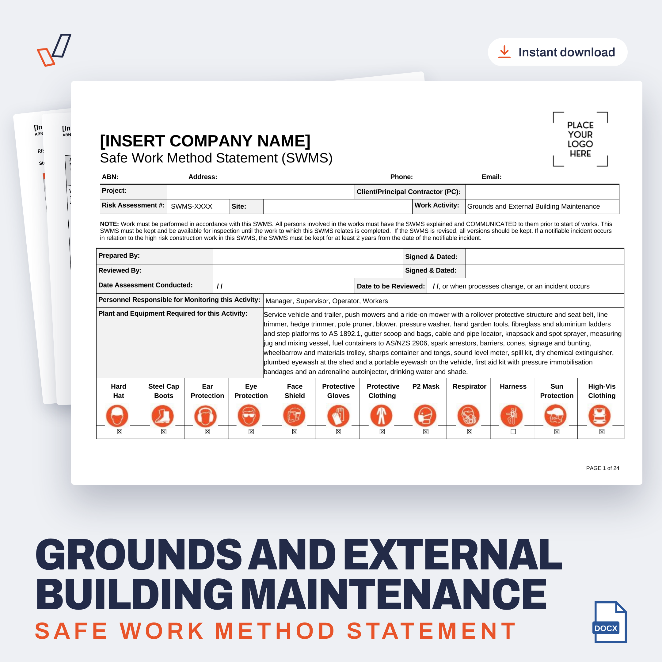 Grounds and External Building Maintenance SWMS editable Word template cover, Everything OHS
