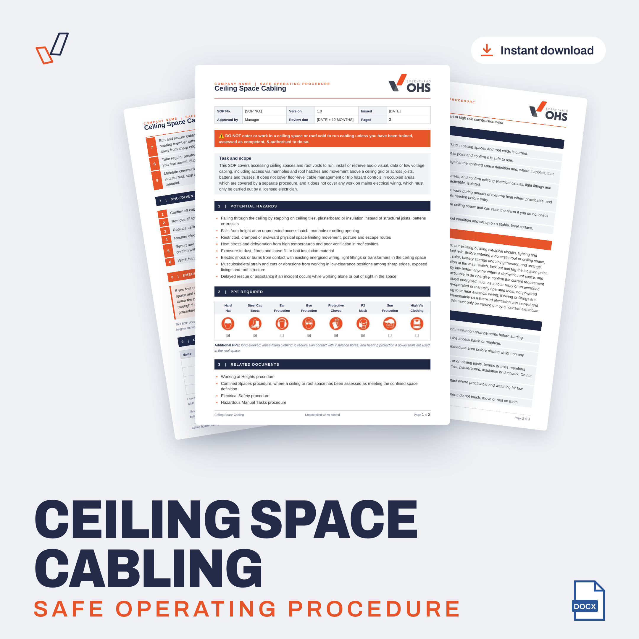 Ceiling Space Cabling SOP editable Word template cover, Everything OHS