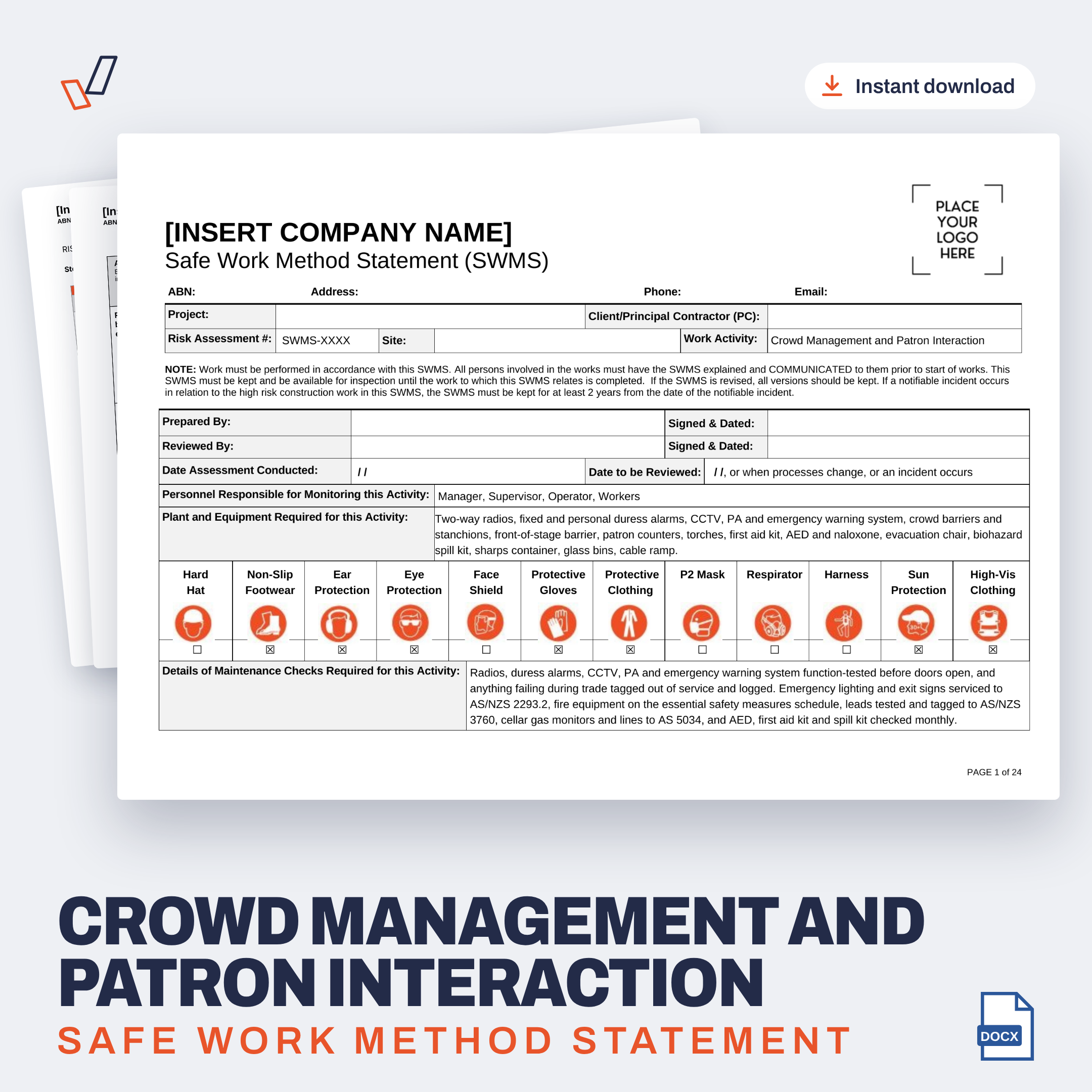 Crowd Management and Patron Interaction SWMS editable Word template cover, Everything OHS