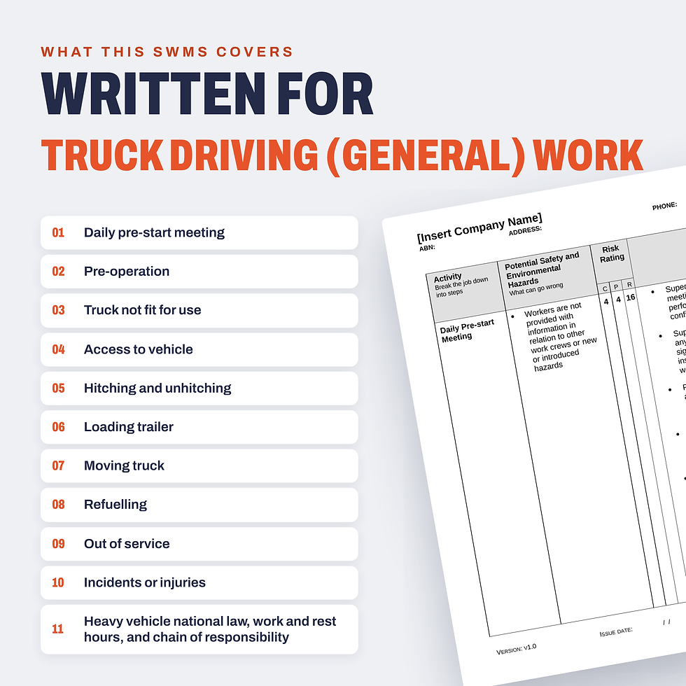 Work activities covered in the Truck Driving (General) SWMS