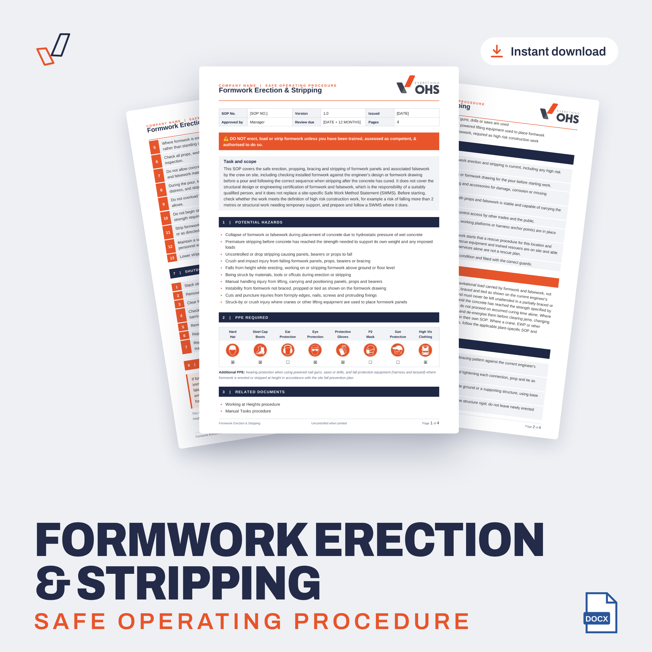 Formwork Erection & Stripping SOP editable Word template cover, Everything OHS