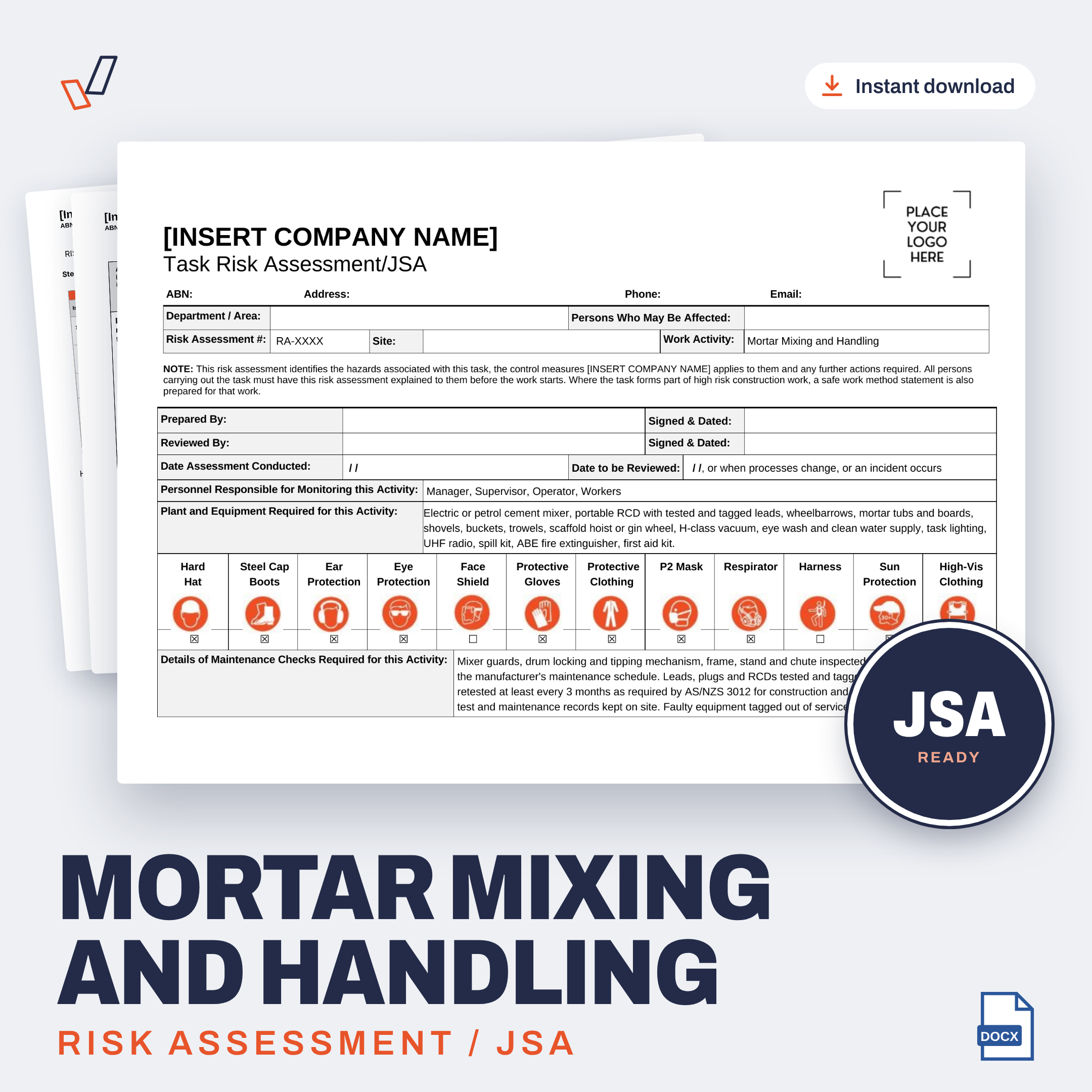 Mortar Mixing and Handling Risk Assessment/JSA editable Word template cover, Everything OHS