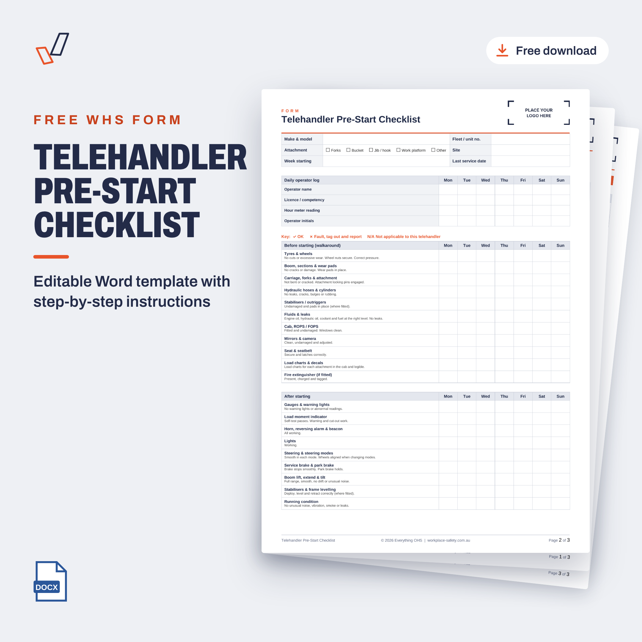 Free Telehandler Pre-Start Checklist template in Word, showing the first page