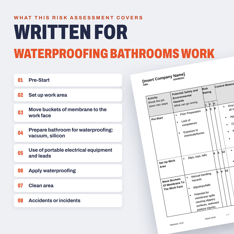 Work activities covered in the Waterproofing Bathrooms Risk Assessment/JSA