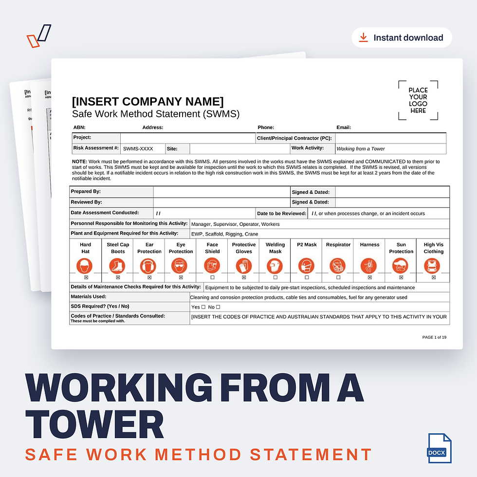 Working from a Tower SWMS editable Word template cover, Everything OHS