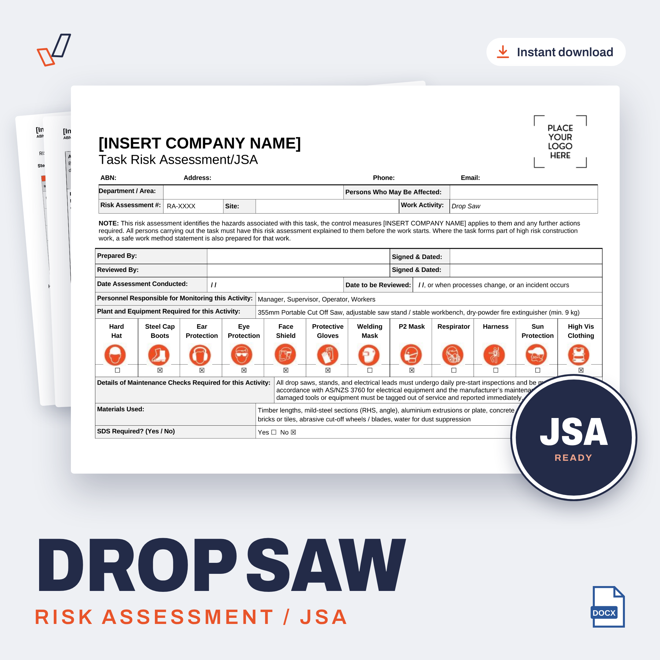 Drop Saw Risk Assessment/JSA editable Word template cover, Everything OHS