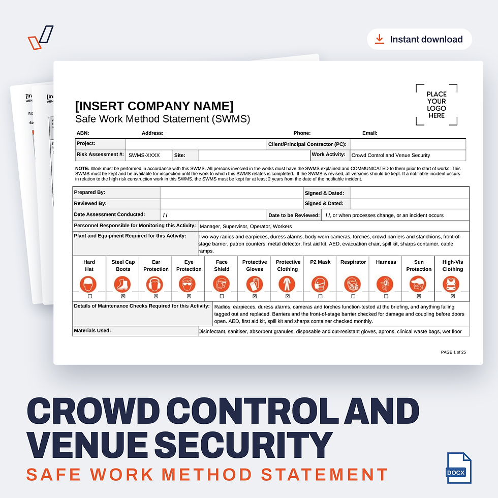 Crowd Control and Venue Security SWMS editable Word template cover, Everything OHS