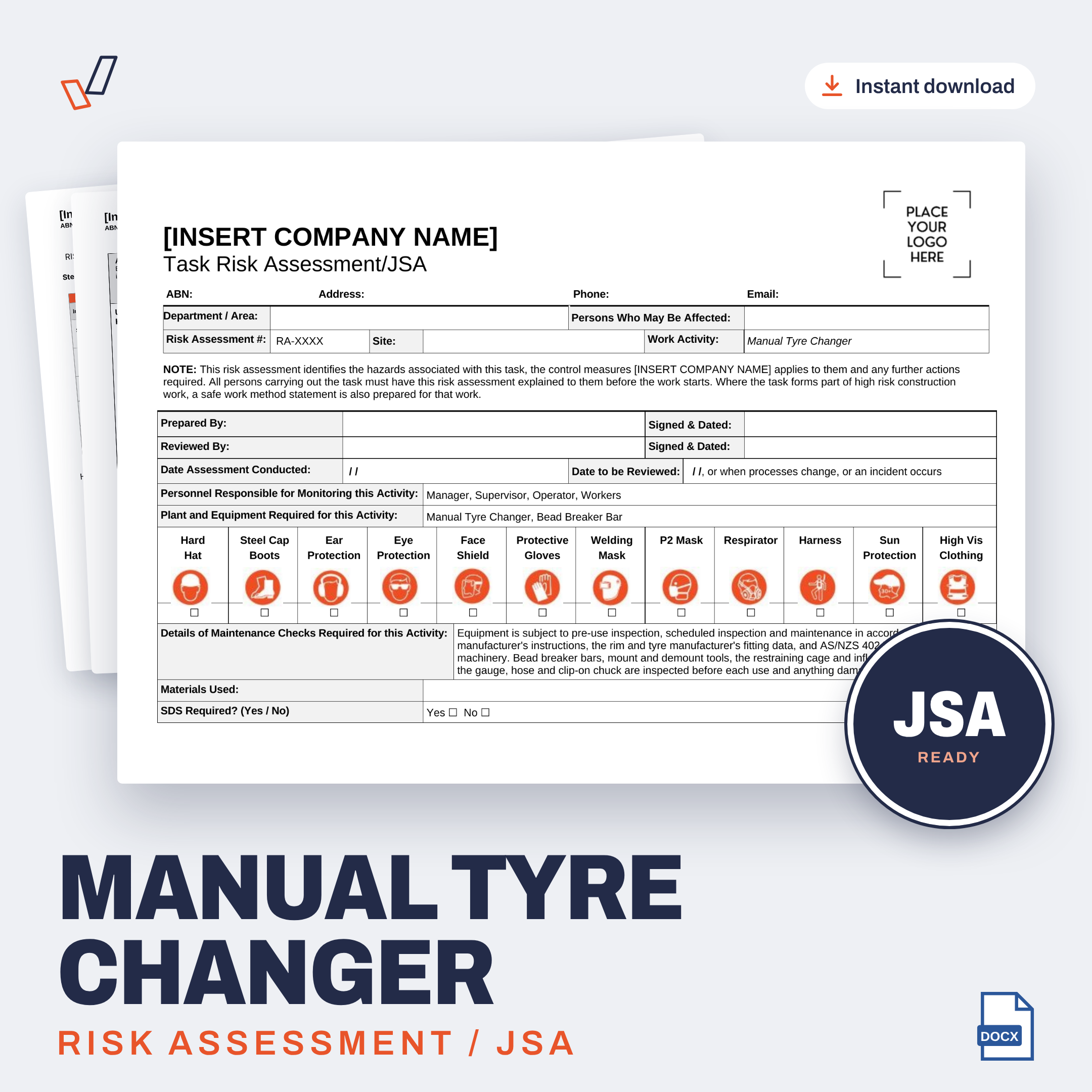 Manual Tyre Changer Risk Assessment/JSA editable Word template cover, Everything OHS