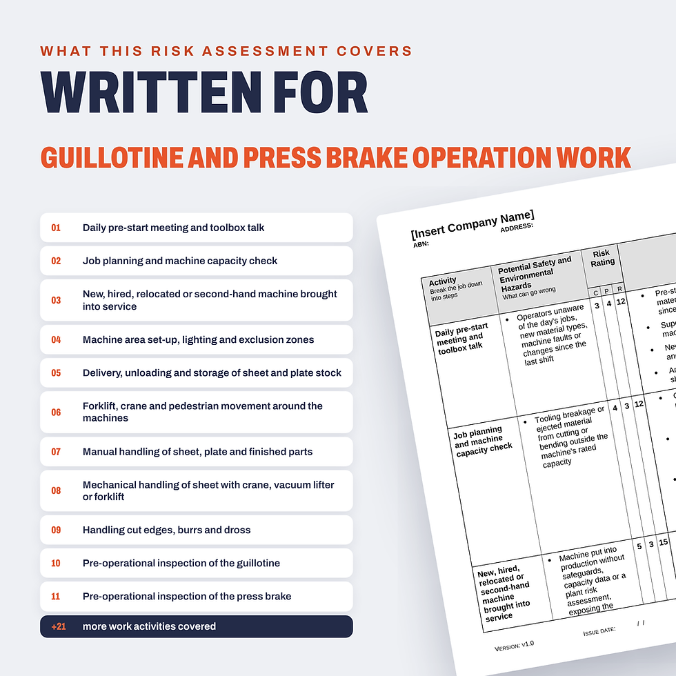Work activities covered in the Guillotine and Press Brake Operation Risk Assessment/JSA