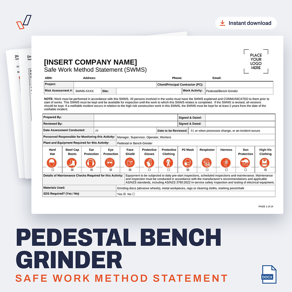 Pedestal Bench Grinder SWMS editable Word template cover, Everything OHS