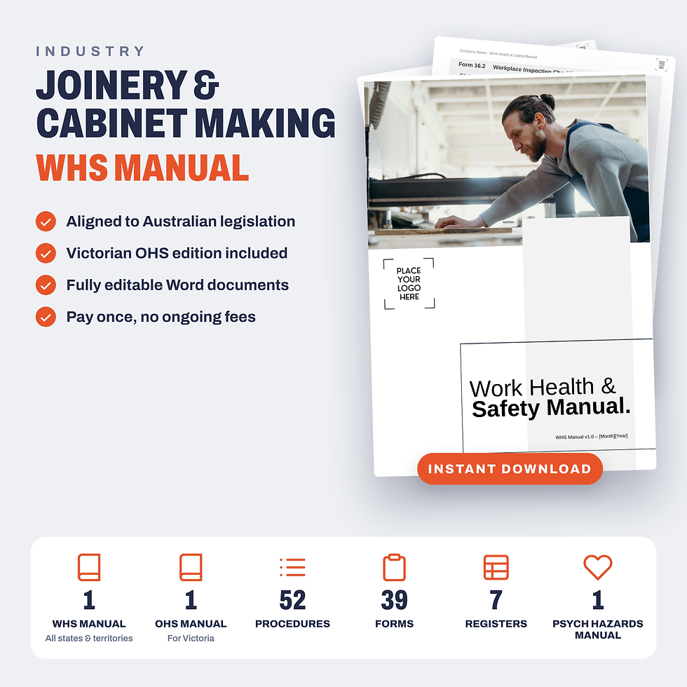Joinery & Cabinet Making WHS Manual cover, WHS and OHS editions, Everything OHS