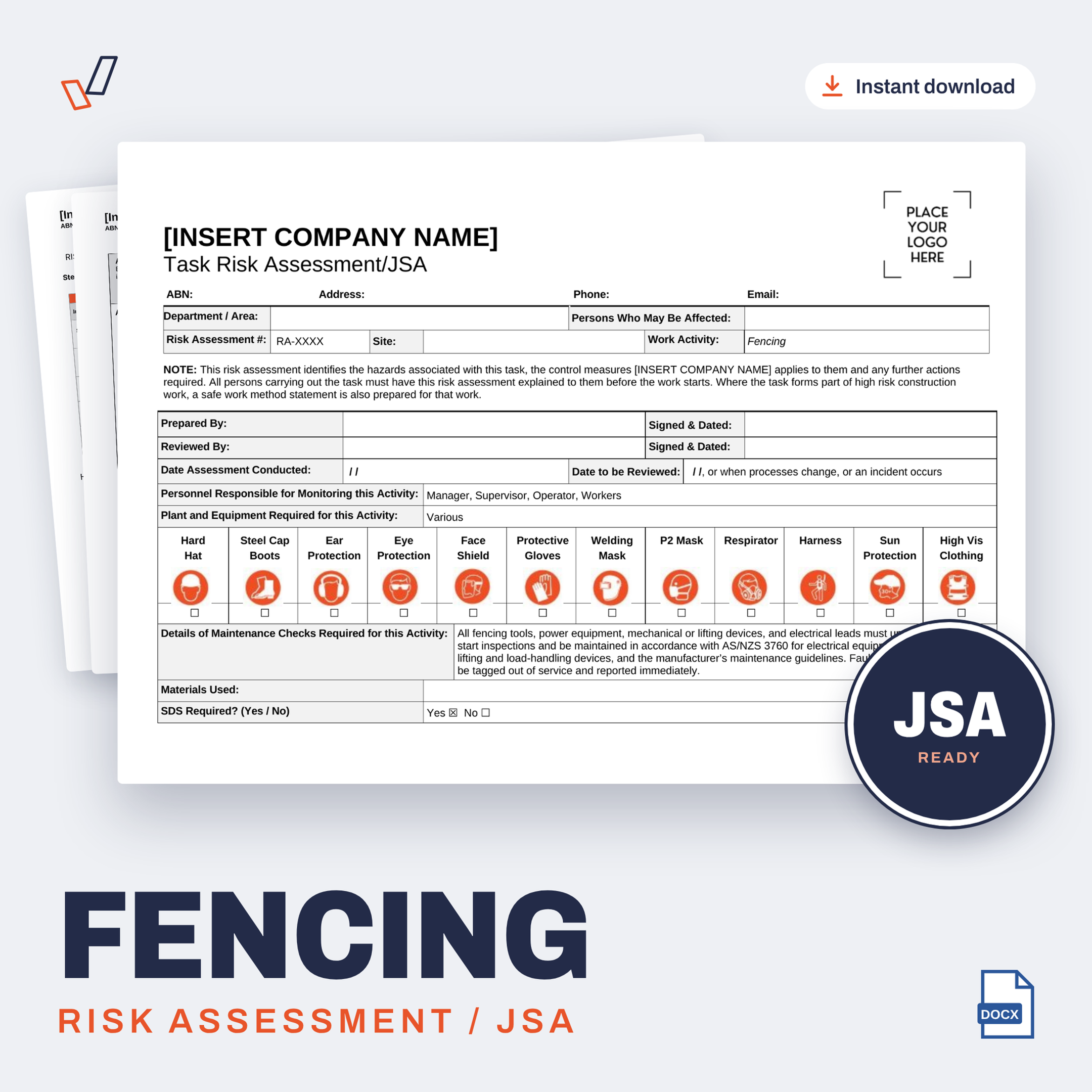 Fencing Risk Assessment/JSA editable Word template cover, Everything OHS