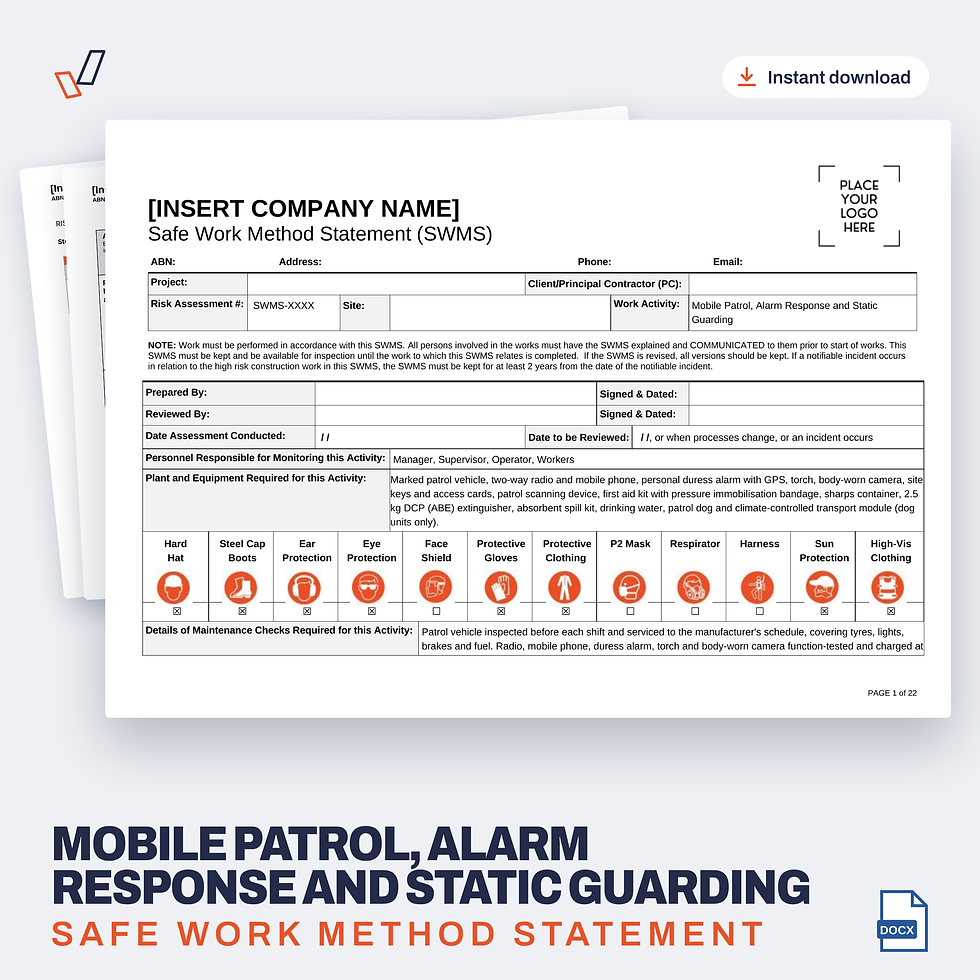 Mobile Patrol, Alarm Response and Static Guarding SWMS editable Word template cover, Everything OHS