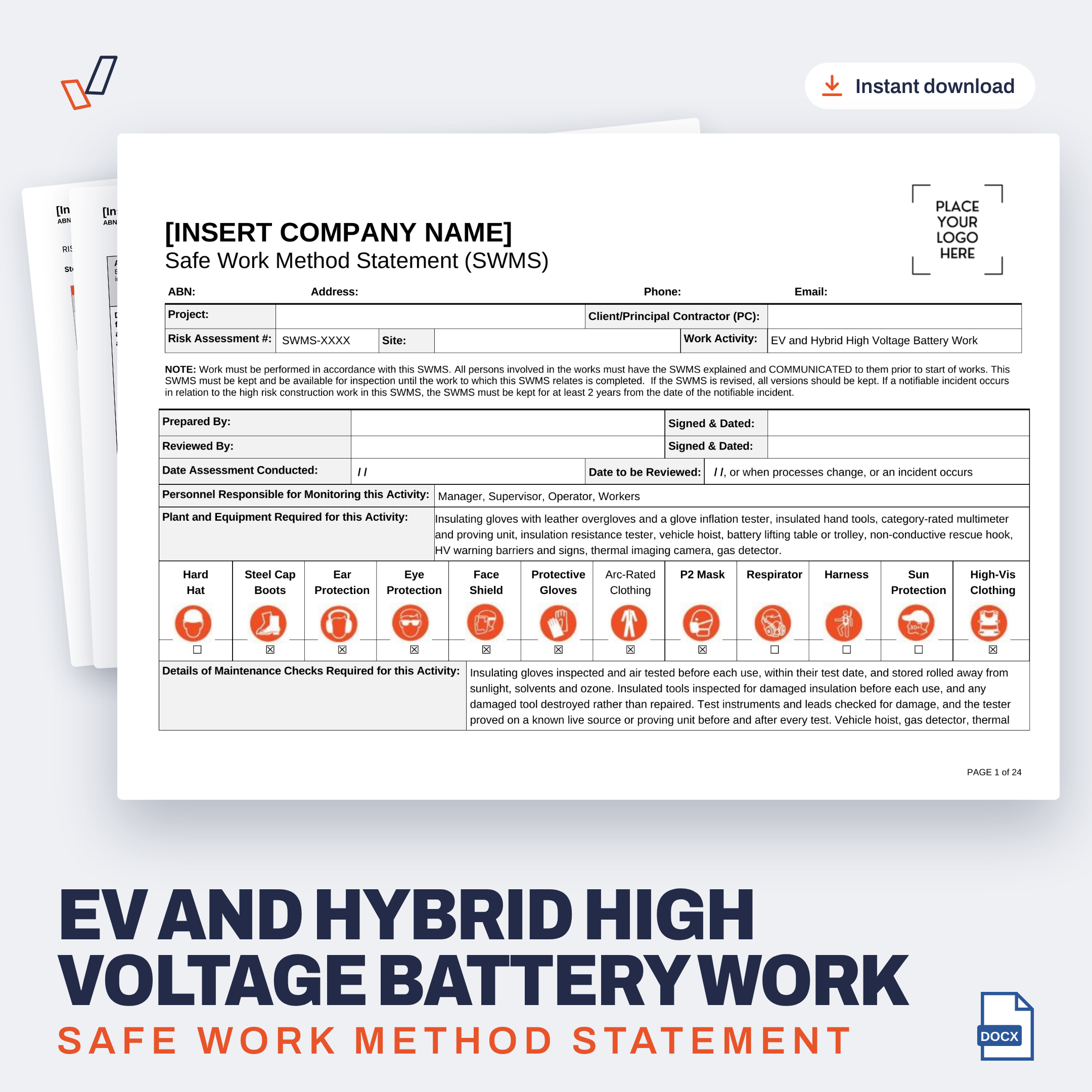 EV and Hybrid High Voltage Battery Work SWMS editable Word template cover, Everything OHS