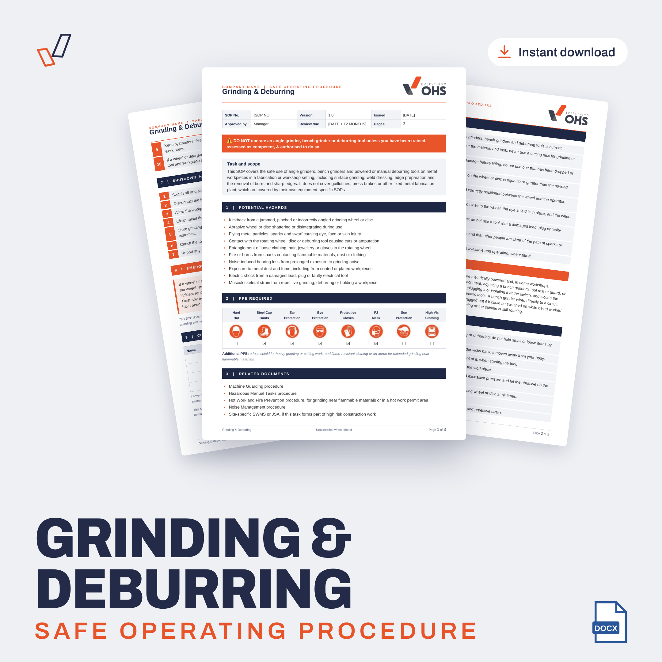 Grinding & Deburring SOP editable Word template cover, Everything OHS