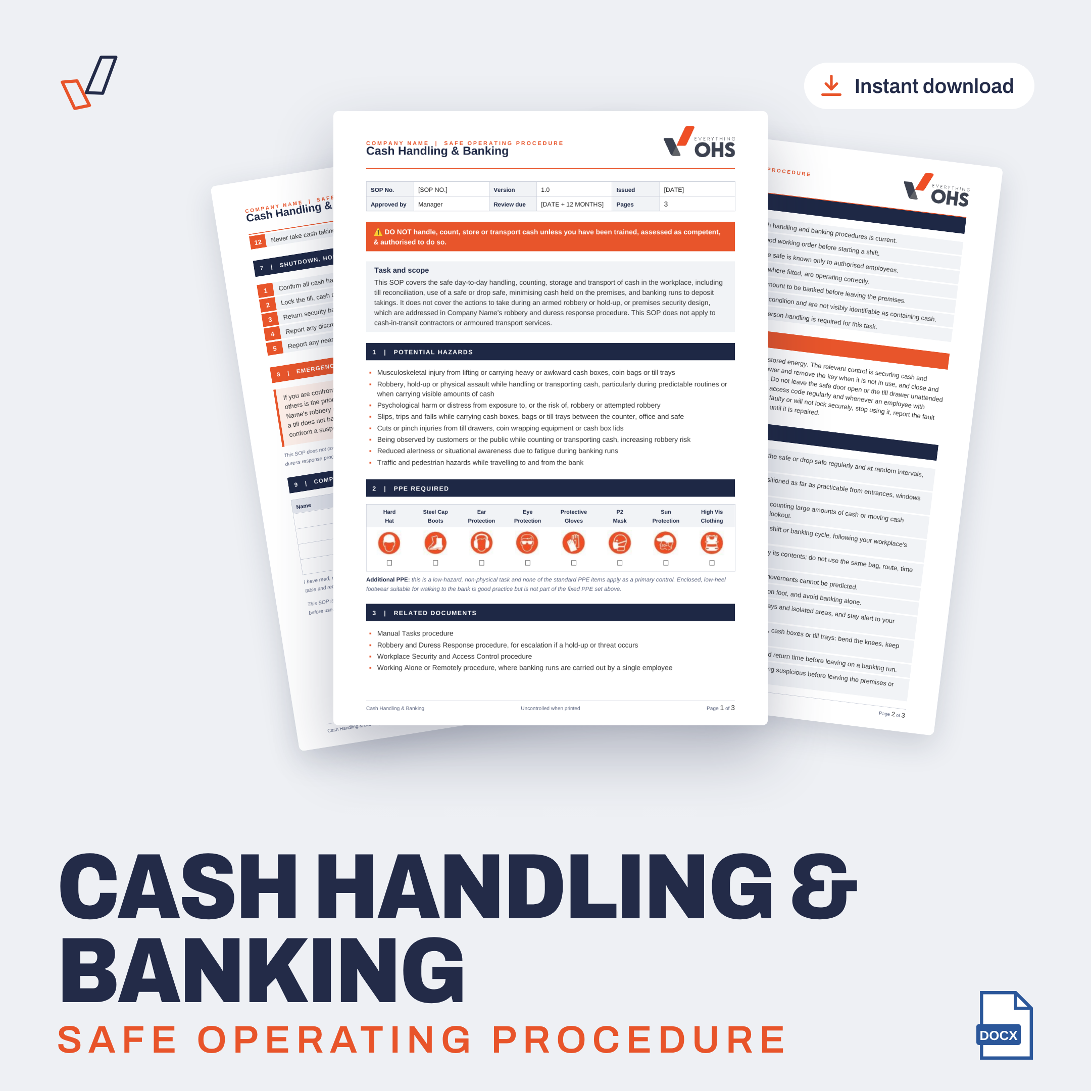 Cash Handling & Banking SOP editable Word template cover, Everything OHS