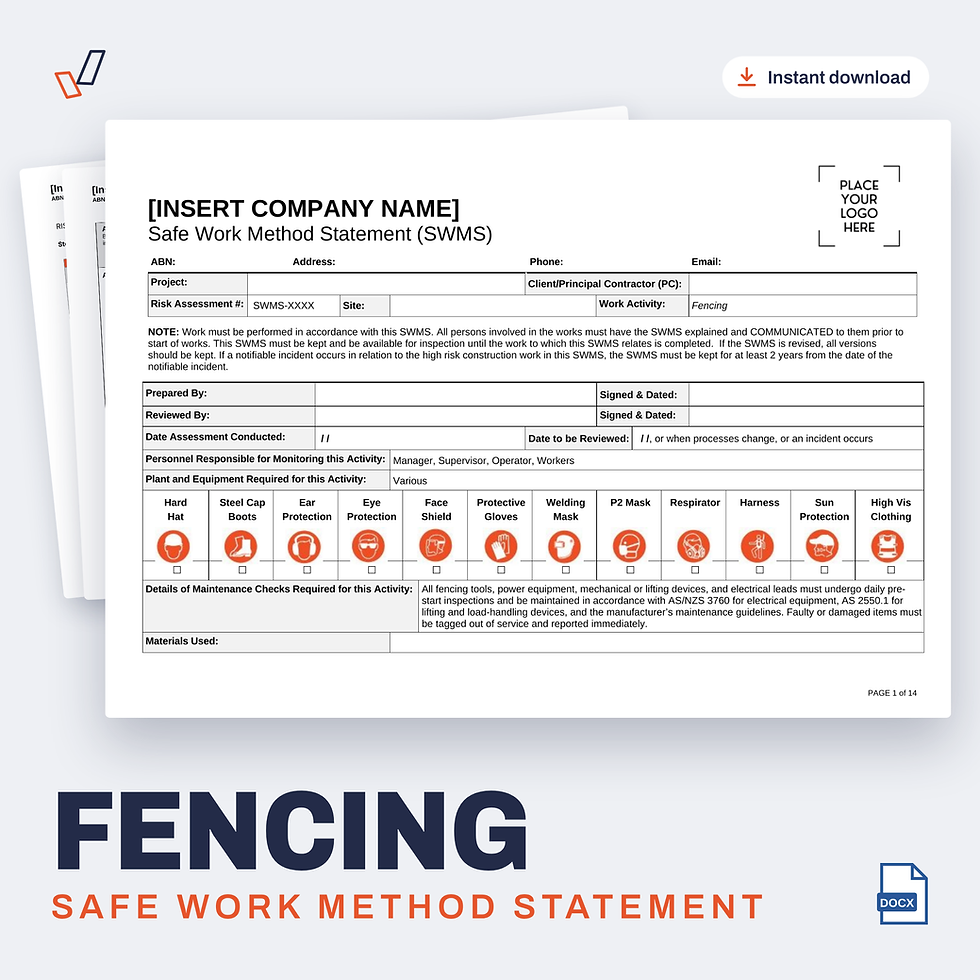 Fencing SWMS editable Word template cover, Everything OHS