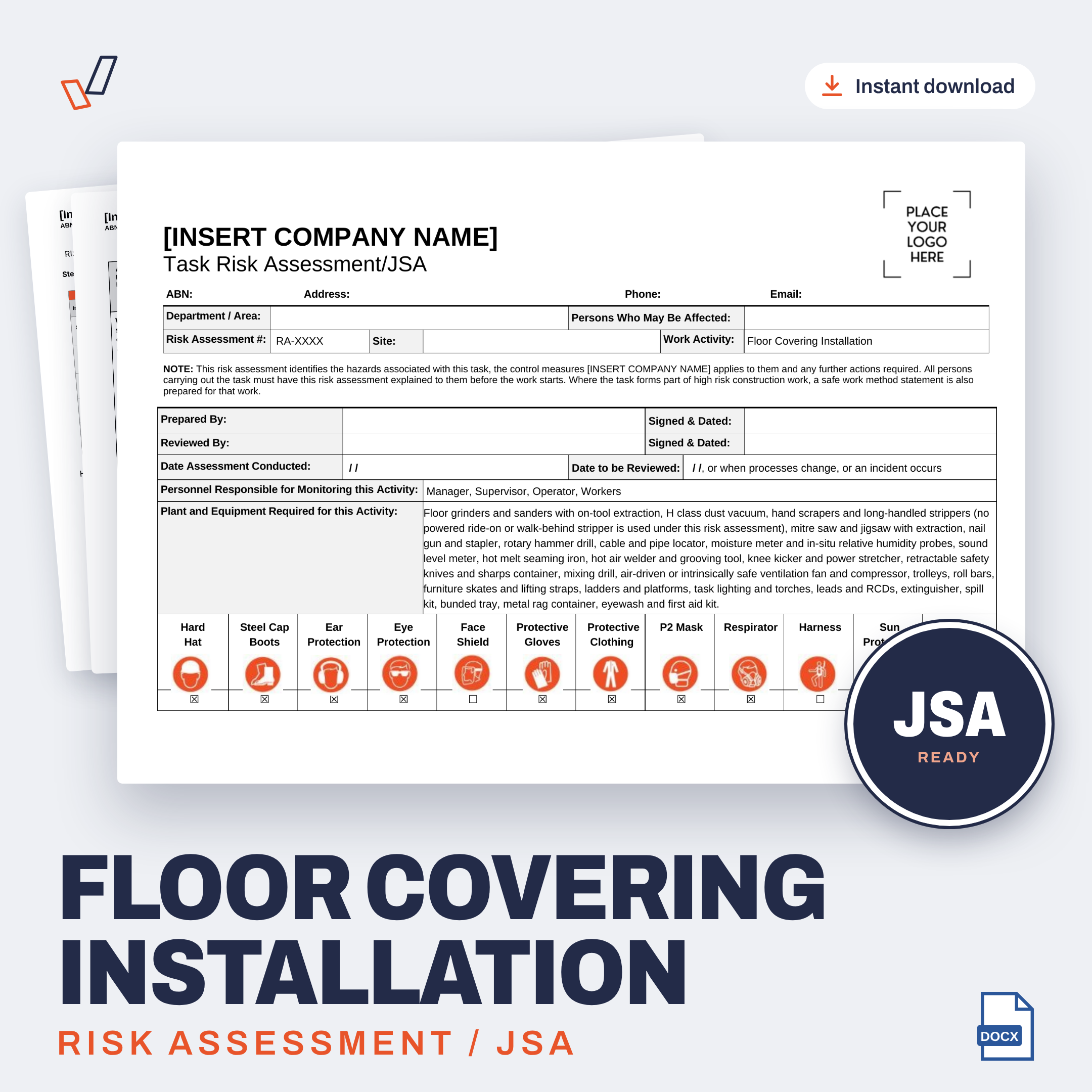 Floor Covering Installation Risk Assessment/JSA editable Word template cover, Everything OHS