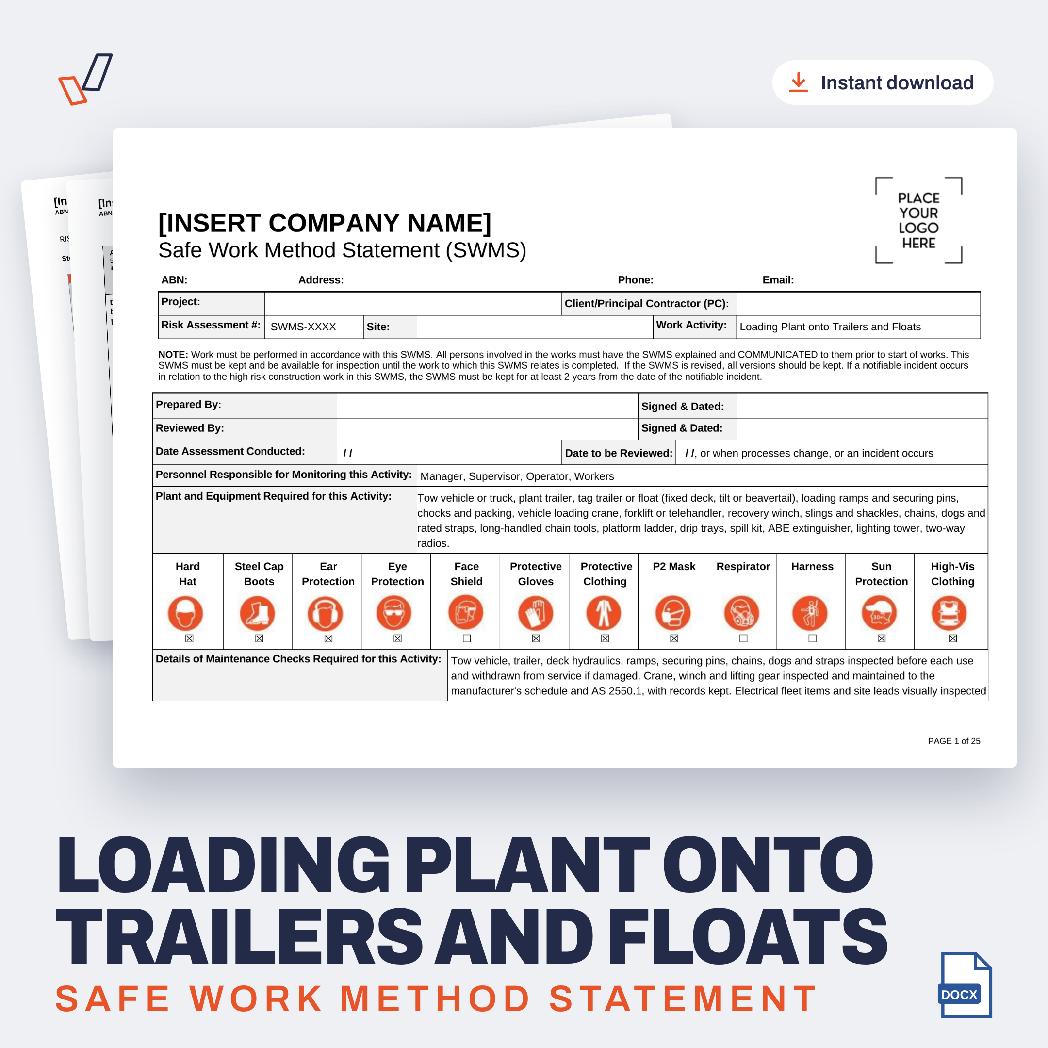 Loading Plant onto Trailers and Floats SWMS editable Word template cover, Everything OHS