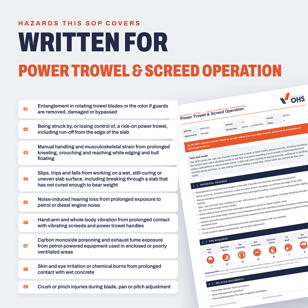 Hazards covered in the Power Trowel & Screed Operation SOP