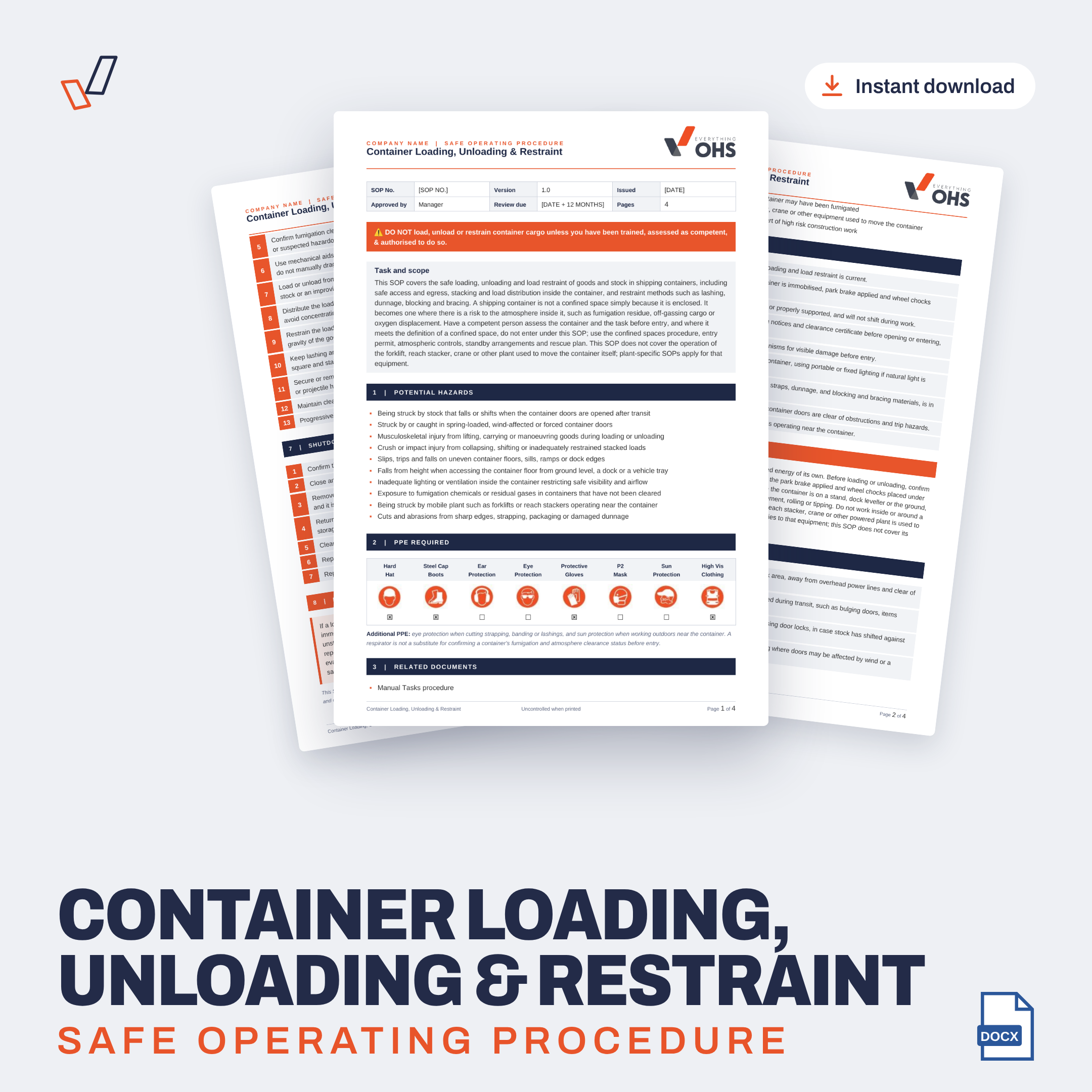 Container Loading, Unloading & Restraint SOP editable Word template cover, Everything OHS
