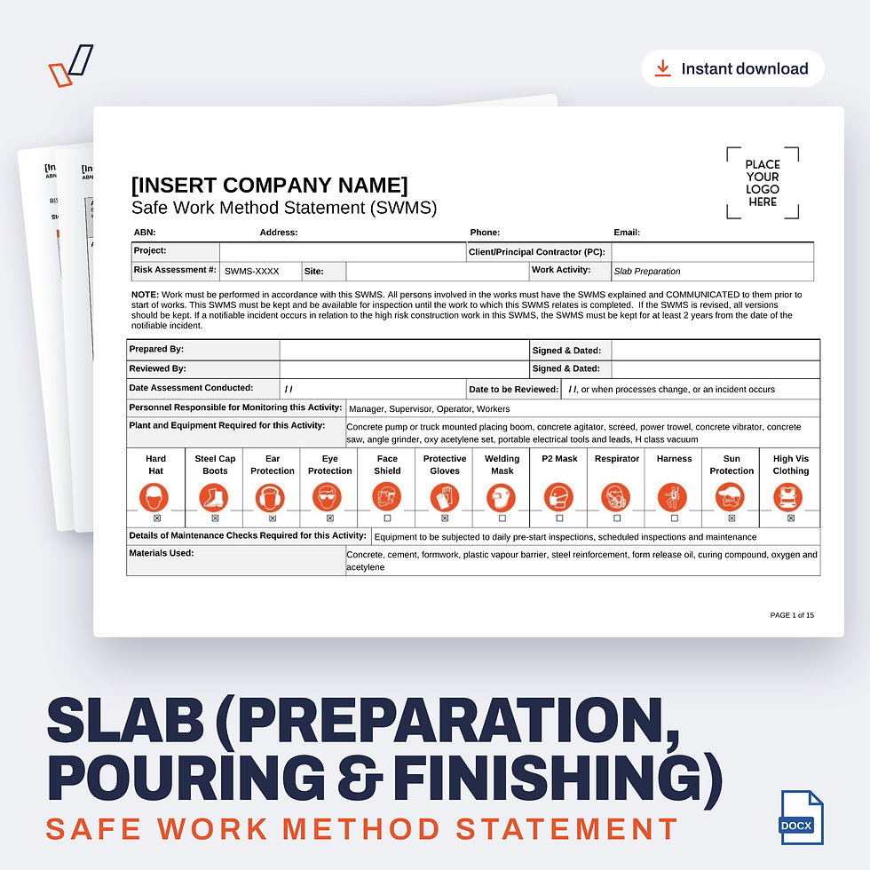 Slab (Preparation, Pouring & Finishing) SWMS editable Word template cover, Everything OHS