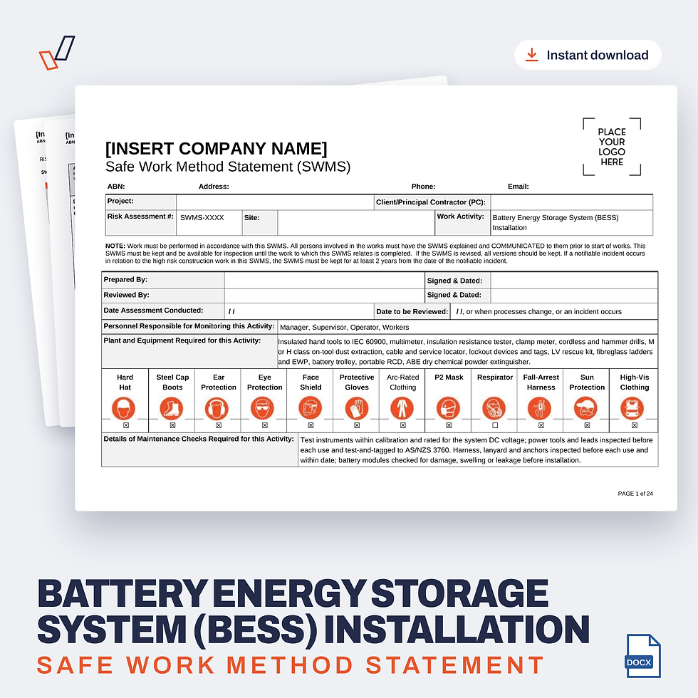Battery Energy Storage System (BESS) Installation SWMS editable Word template cover, Everything OHS