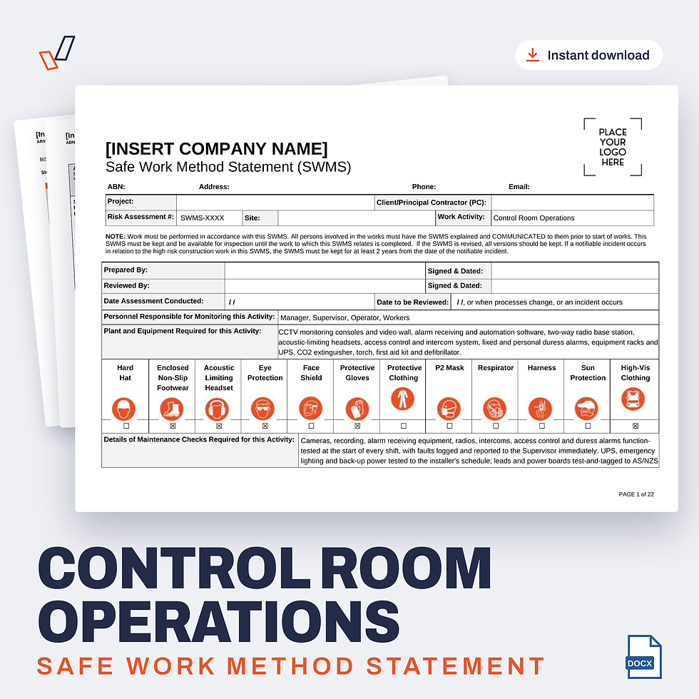 Control Room Operations SWMS editable Word template cover, Everything OHS