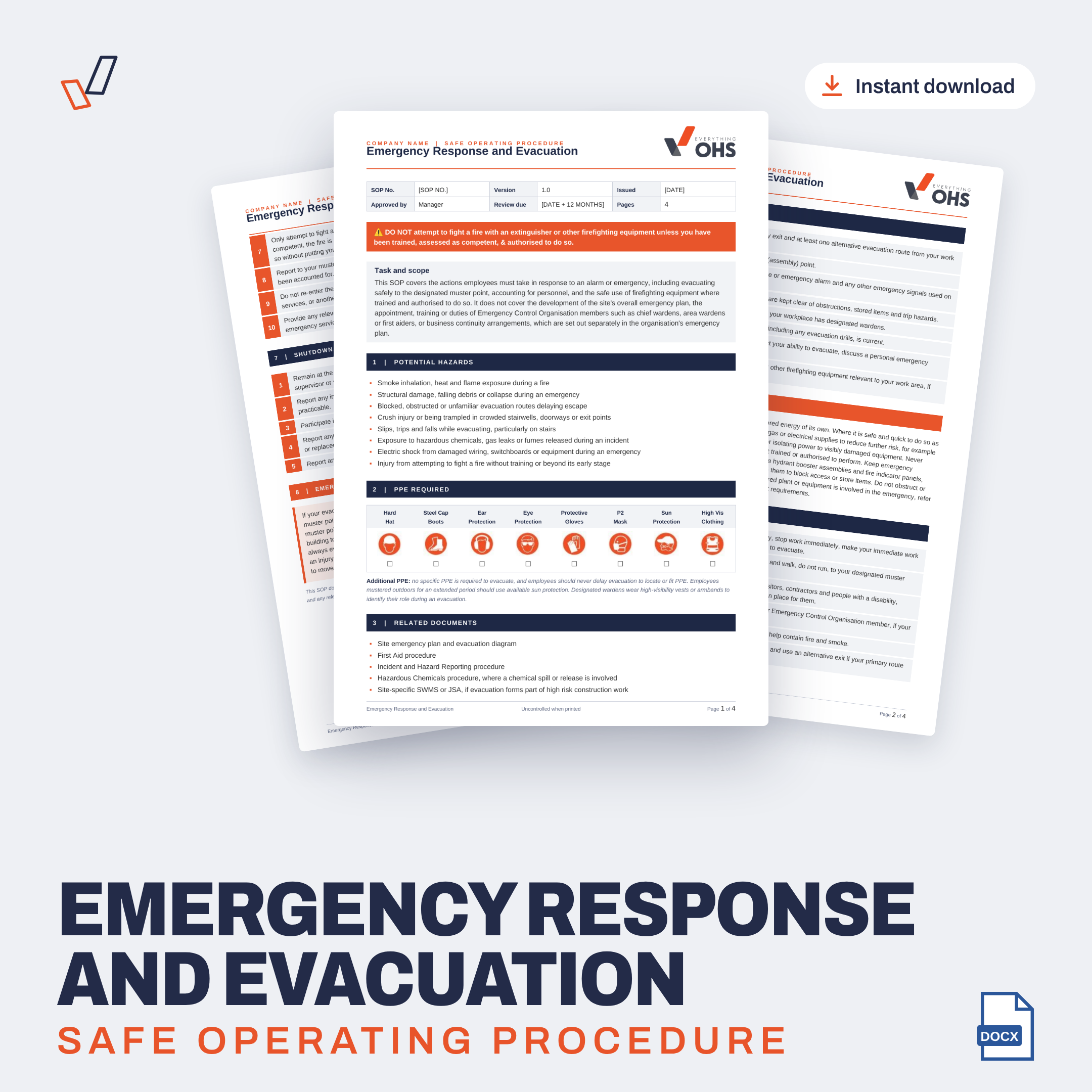Emergency Response and Evacuation SOP editable Word template cover, Everything OHS
