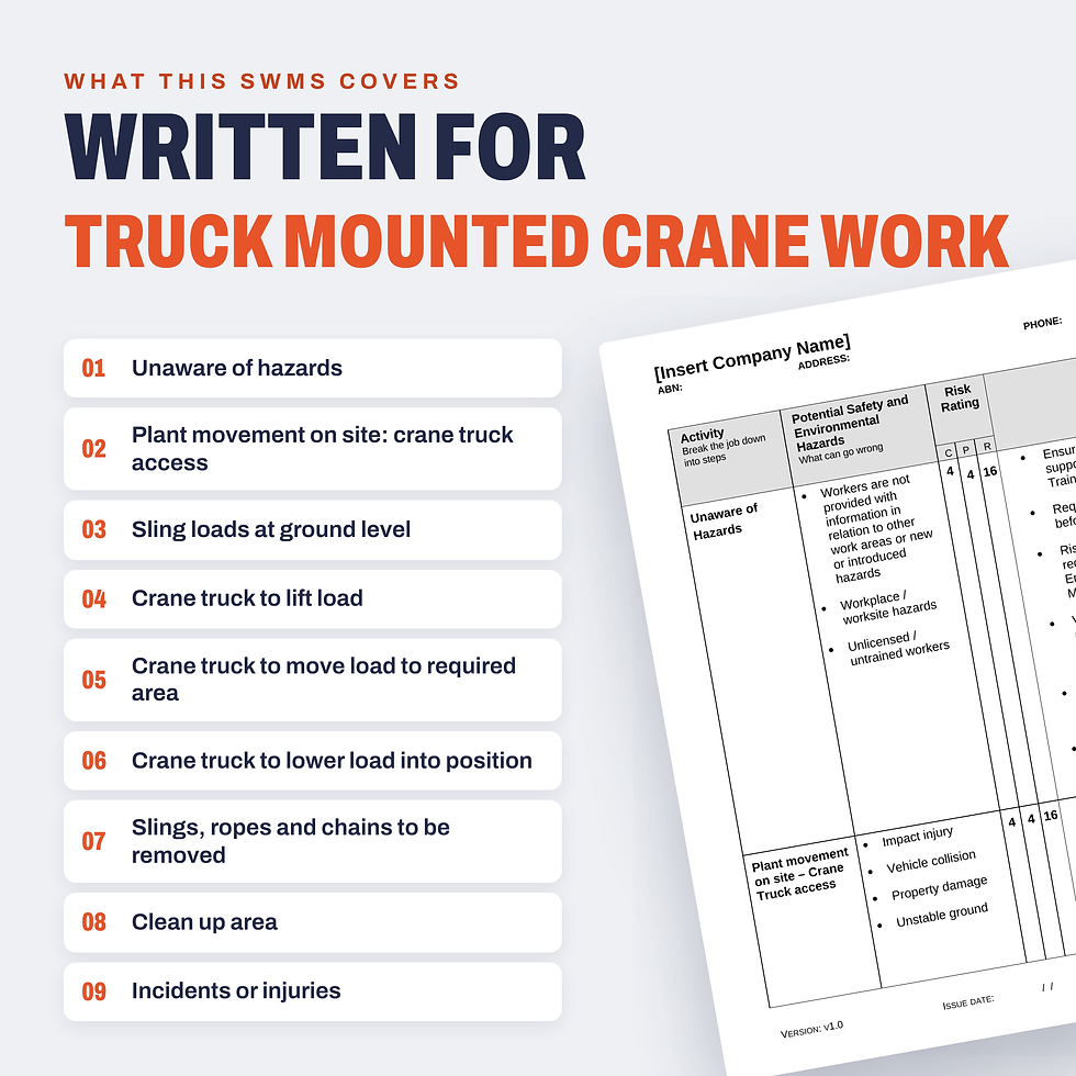 Work activities covered in the Truck Mounted Crane SWMS