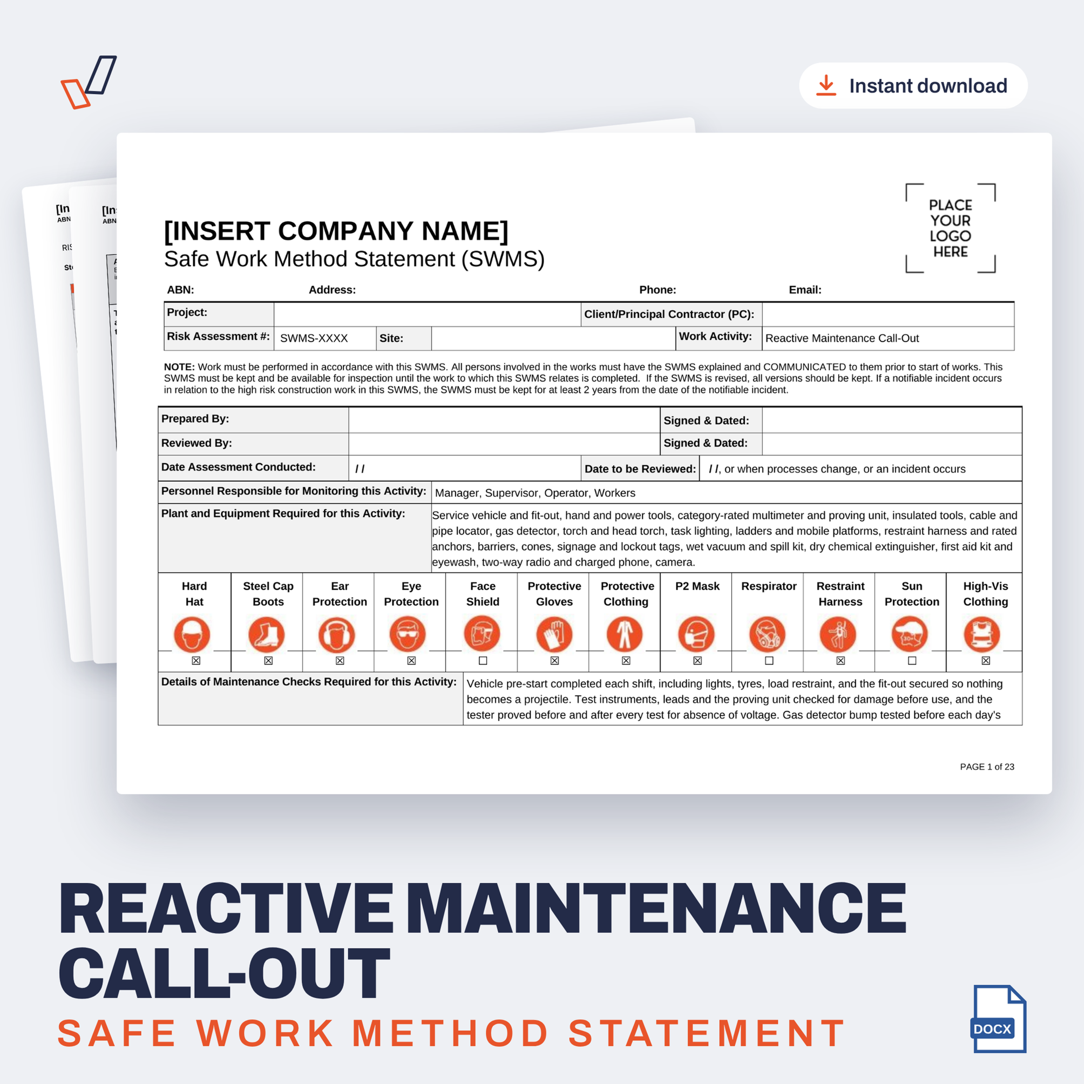 Reactive Maintenance Call-Out SWMS editable Word template cover, Everything OHS