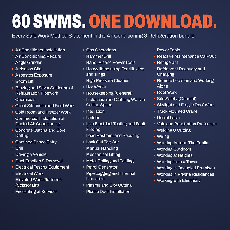 Every SWMS included in the Ultimate Air Conditioning & Refrigeration SWMS Bundle
