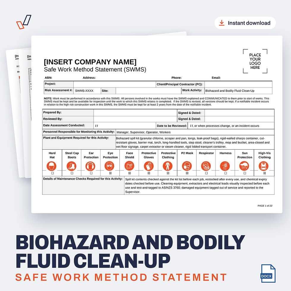 Biohazard and Bodily Fluid Clean-Up SWMS editable Word template cover, Everything OHS