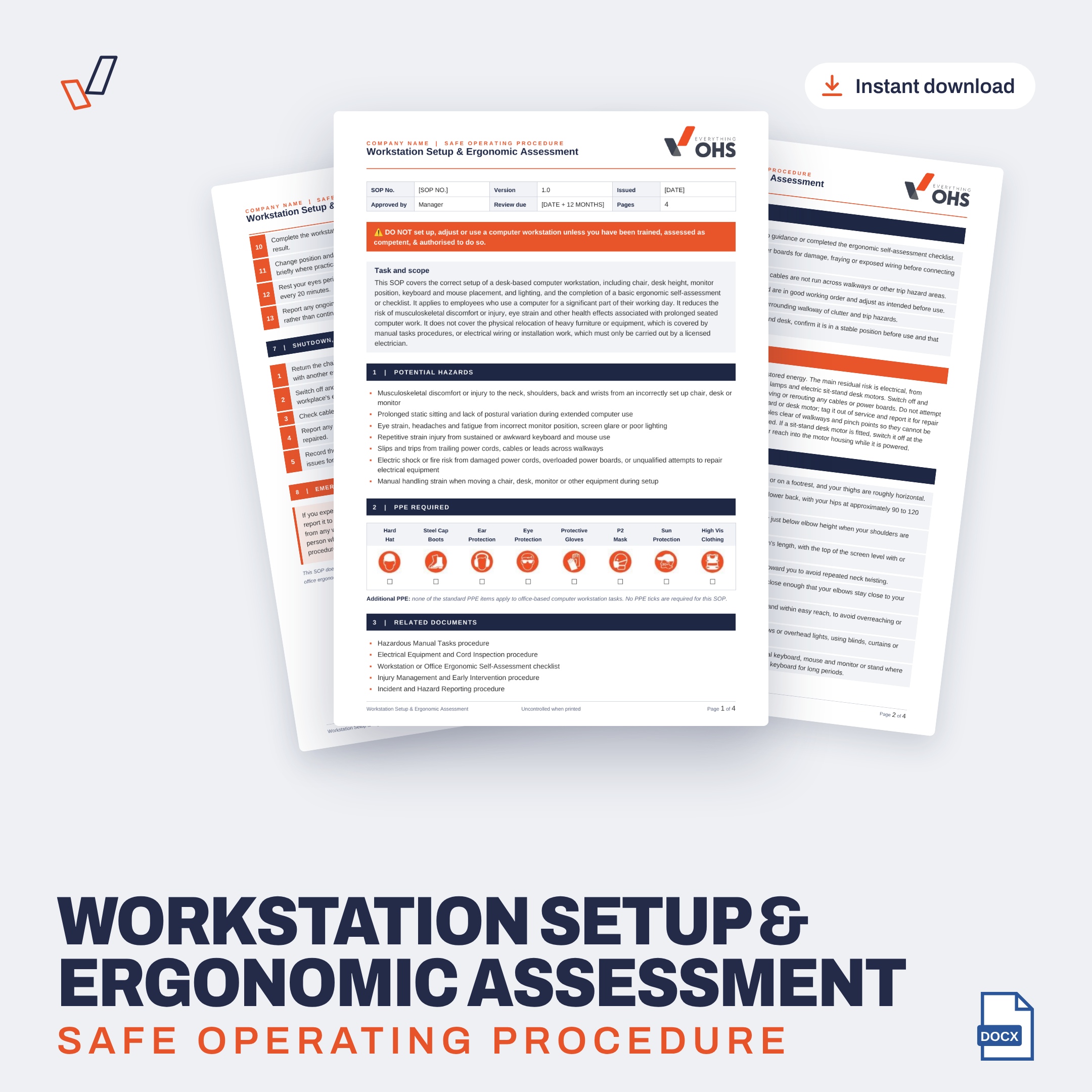 Workstation Setup & Ergonomic Assessment SOP editable Word template cover, Everything OHS