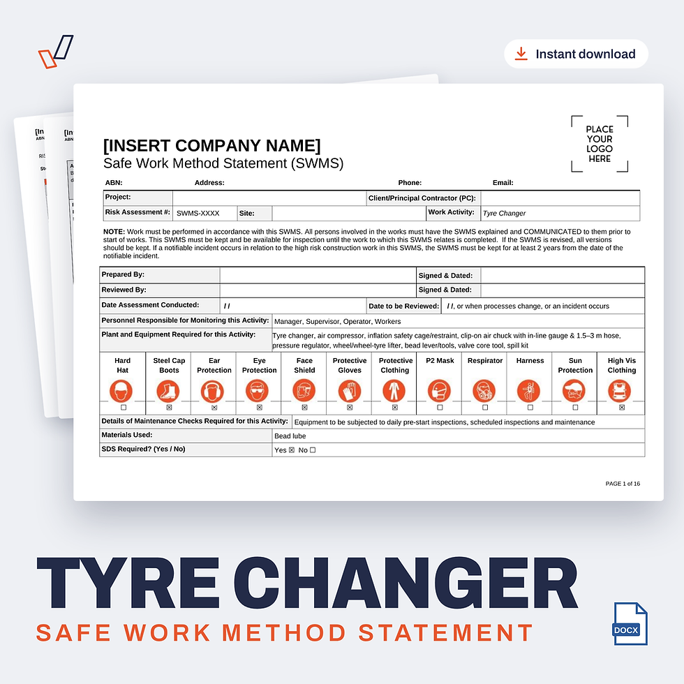 Tyre Changer SWMS editable Word template cover, Everything OHS