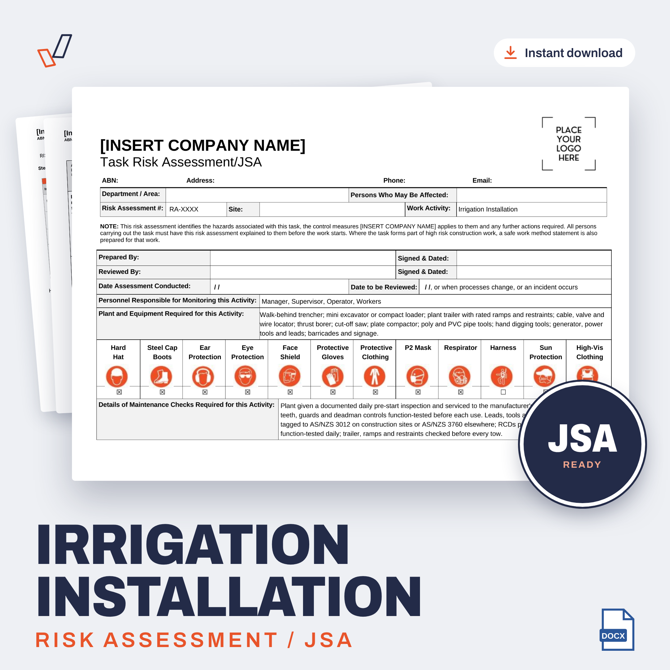 Irrigation Installation Risk Assessment/JSA editable Word template cover, Everything OHS