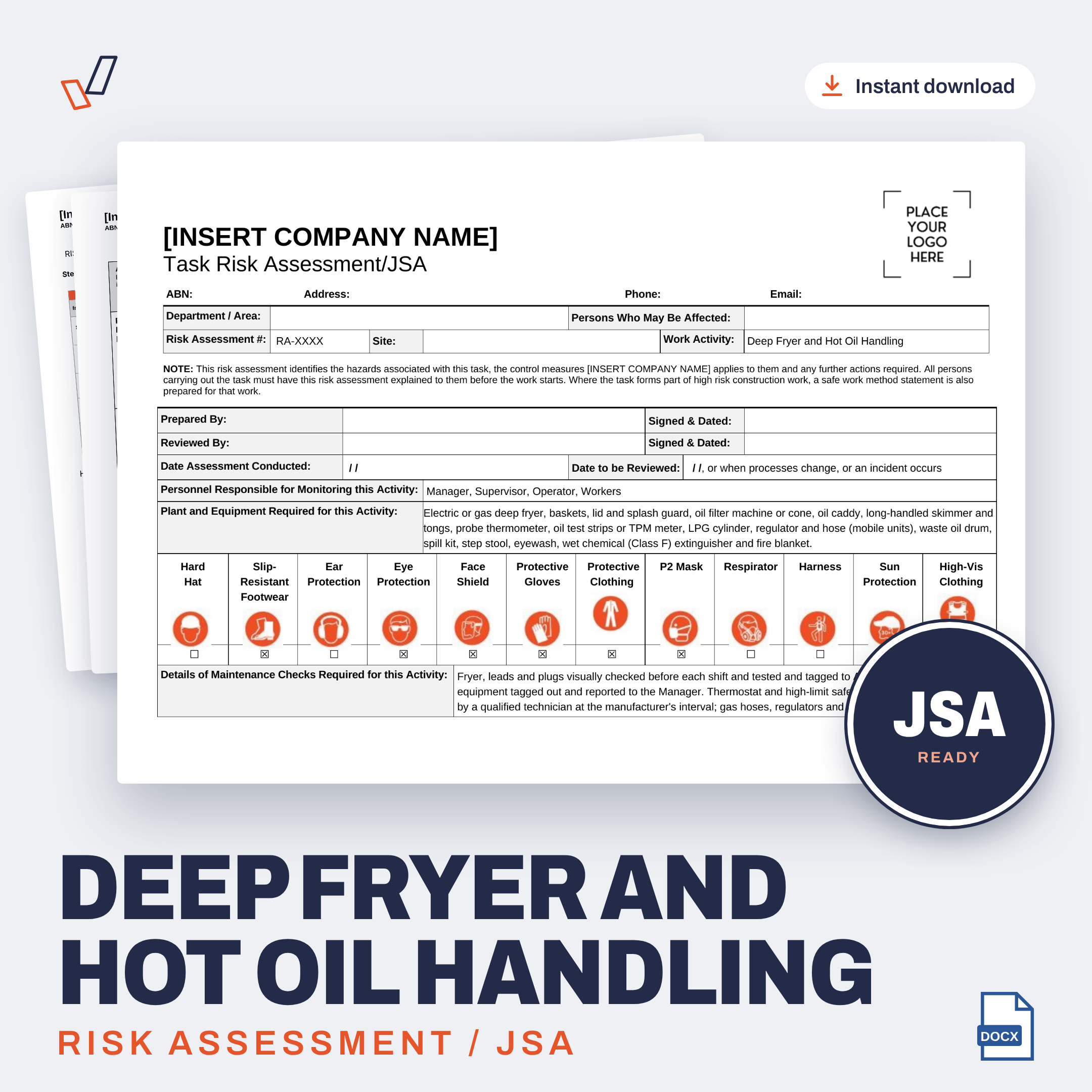 Deep Fryer and Hot Oil Handling Risk Assessment/JSA editable Word template cover, Everything OHS