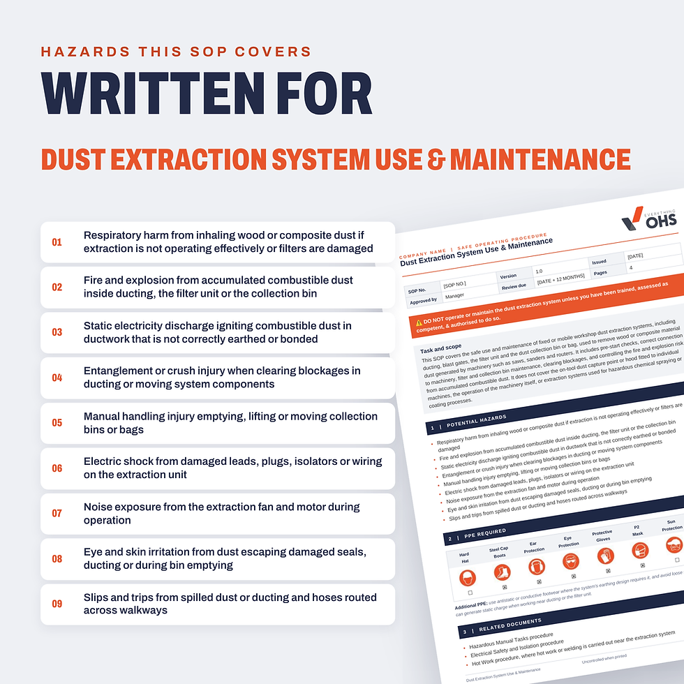 Hazards covered in the Dust Extraction System Use & Maintenance SOP