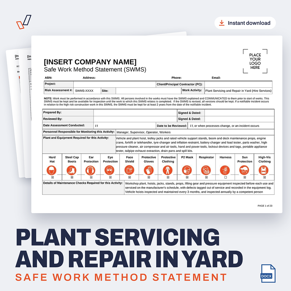 Plant Servicing and Repair in Yard SWMS editable Word template cover, Everything OHS